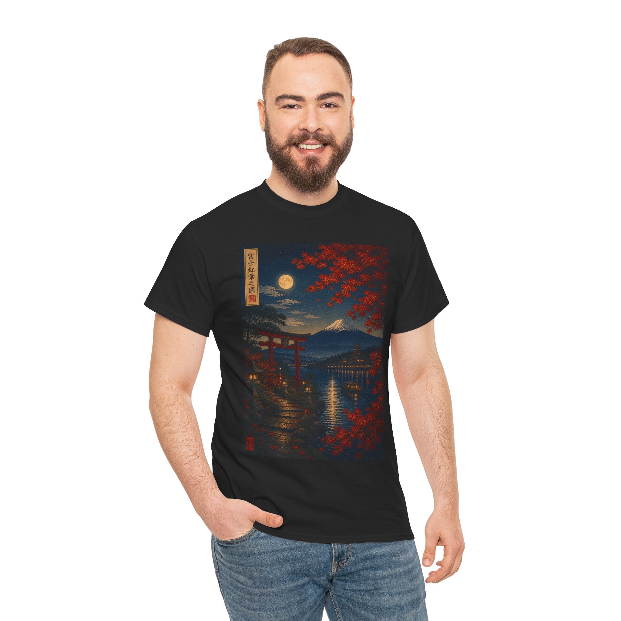Japanese Nightscape Tee — Moonlit Torii & Autumn Maple Graphic T-Shirt