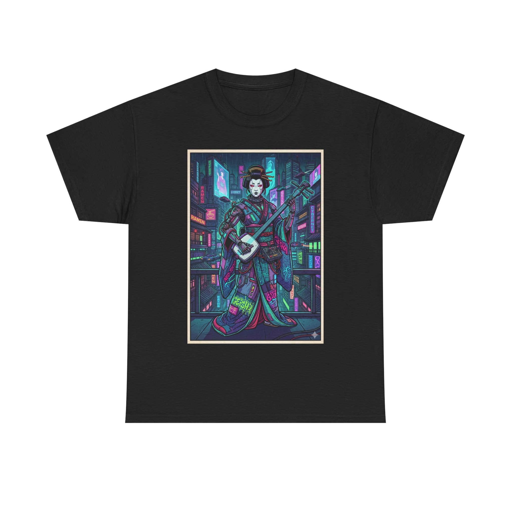 Geisha Synthwave T-Shirt — Neon City Shamisen Art Tee