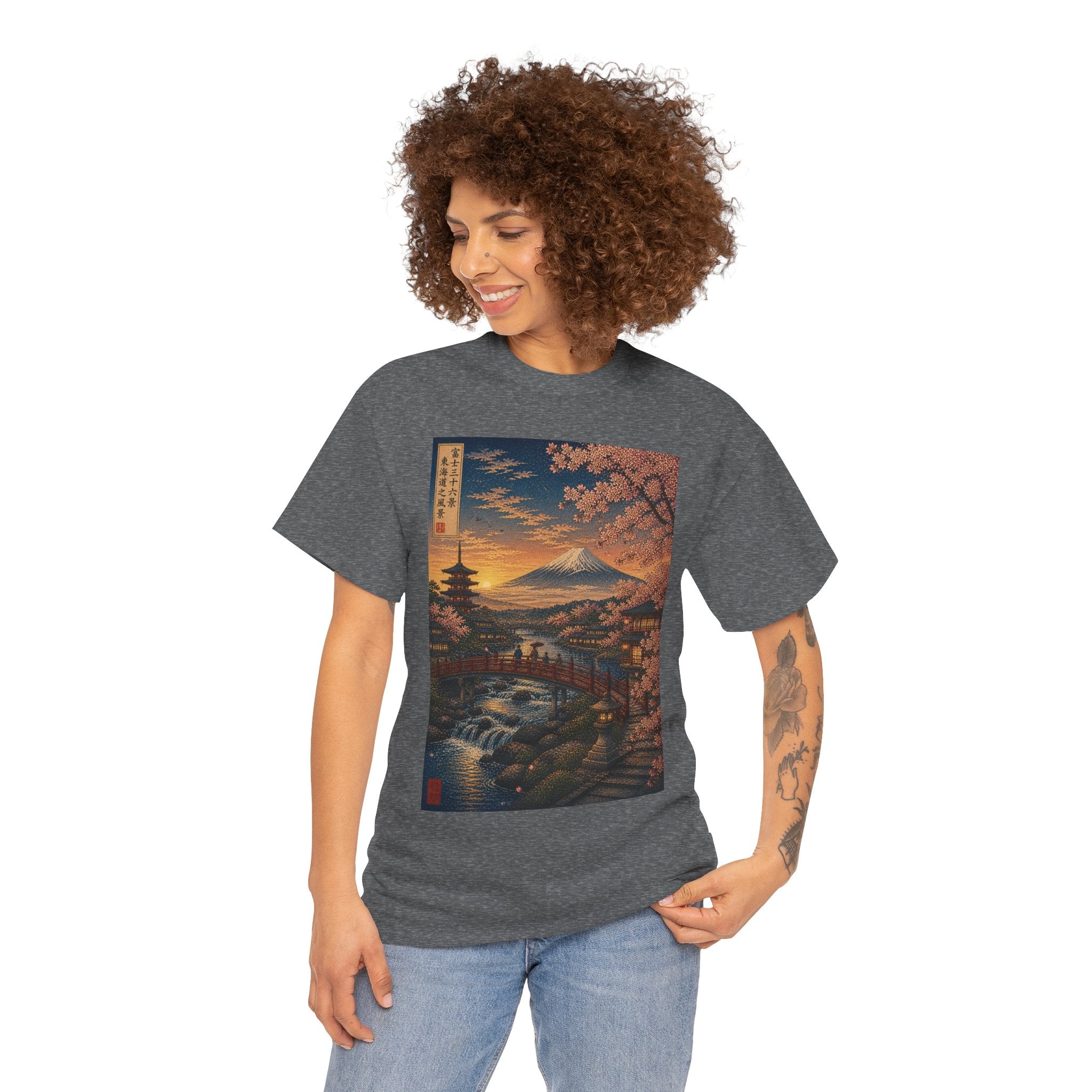 Japanese Cherry Blossom Landscape Tee — Mount Fuji Sunset Graphic T-Shirt