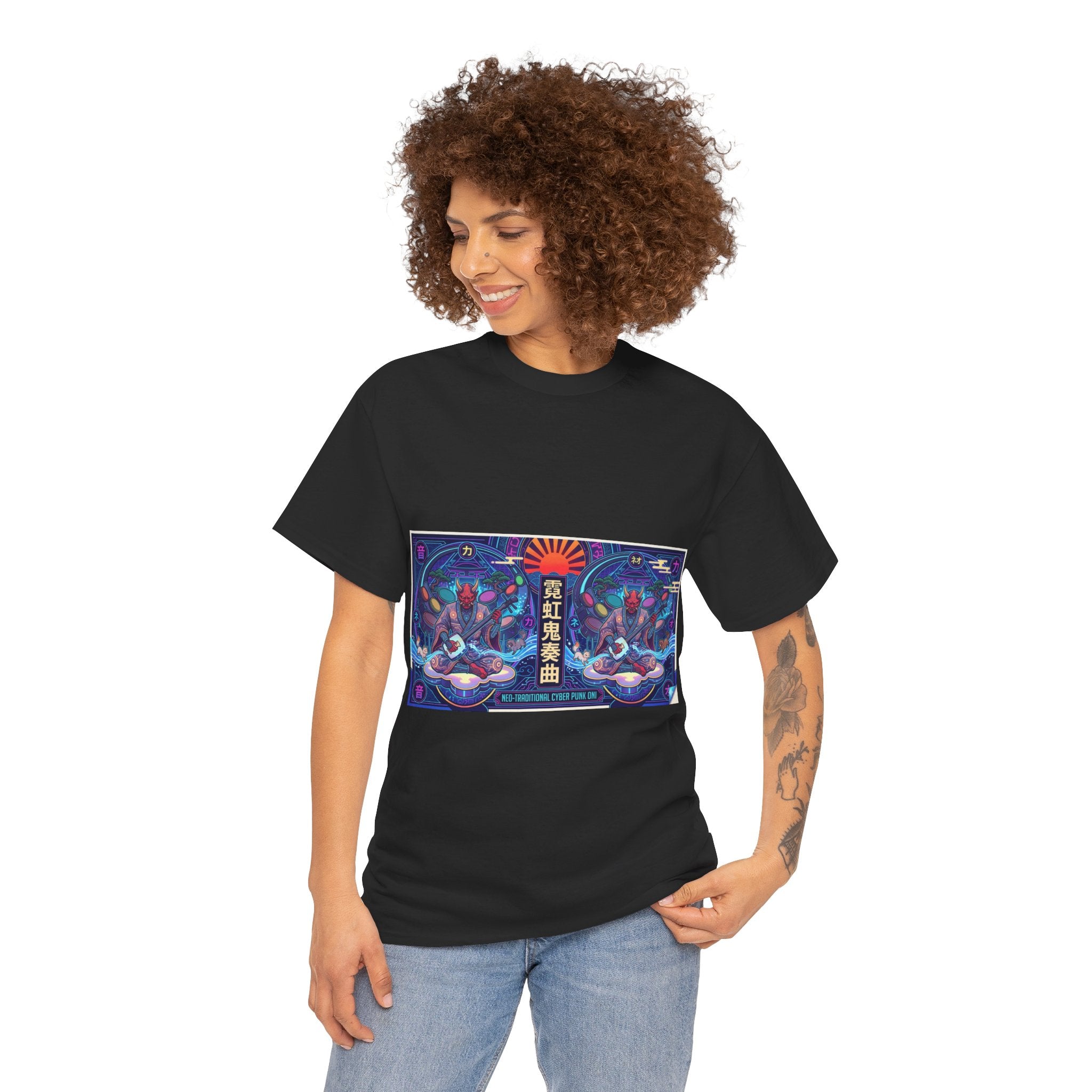 Graphic Tee — Neon Lotus Meditation Design (Japanese Text)