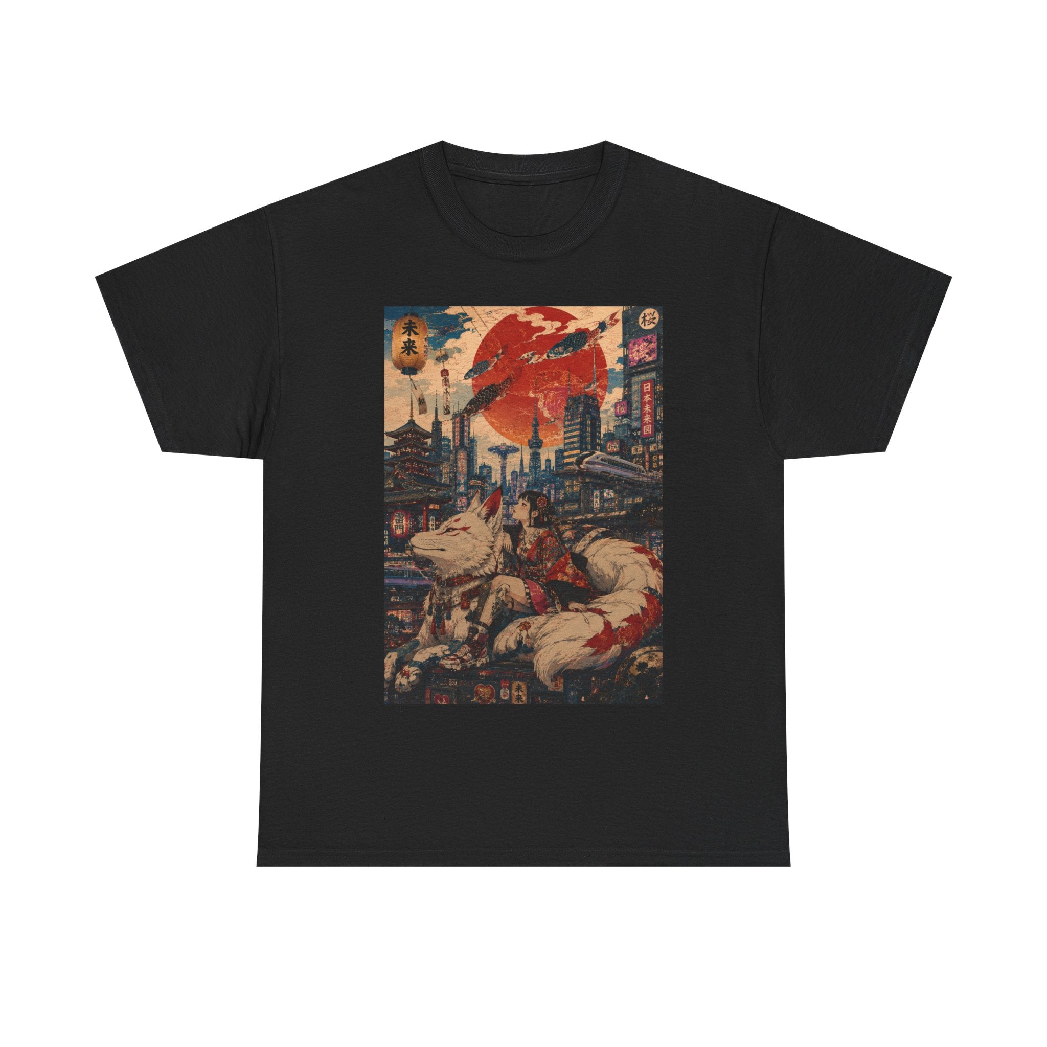 Graphic Tee — Cyberpunk Samurai Cityscape with Sleeping Fox - Japanese Streetwear T-Shirt | Tokyo Style X
