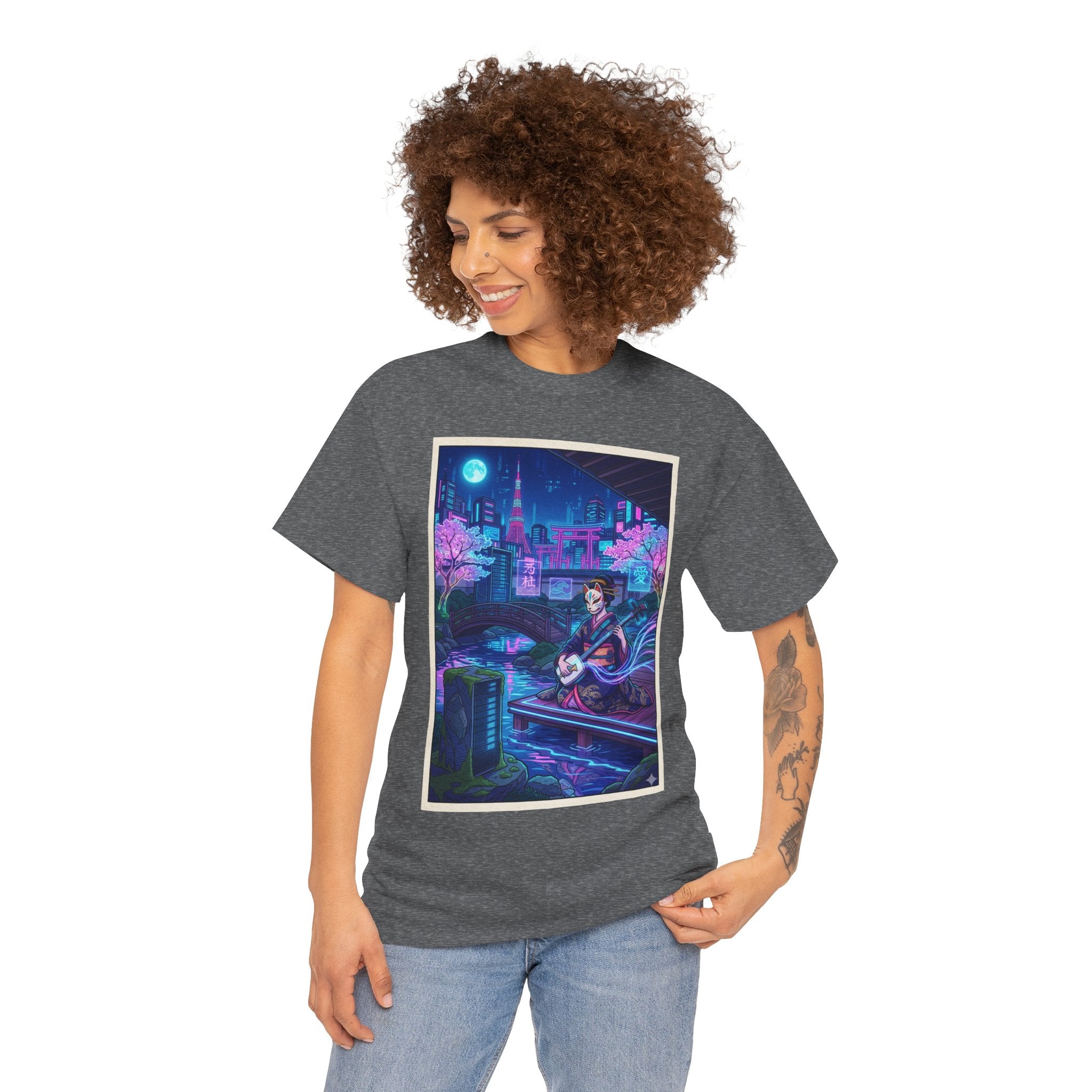 Anime Cyberpunk Guitarist T‑Shirt — Neon City Nightscape Tee