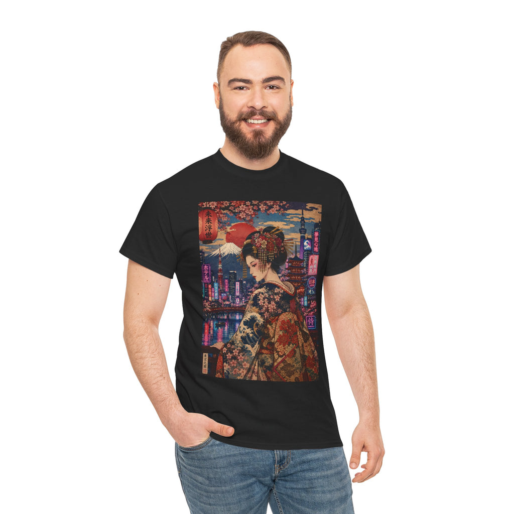 Geisha Cityscape Tee — Vintage Kimono Nighttime Japan Graphic T‑Shirt