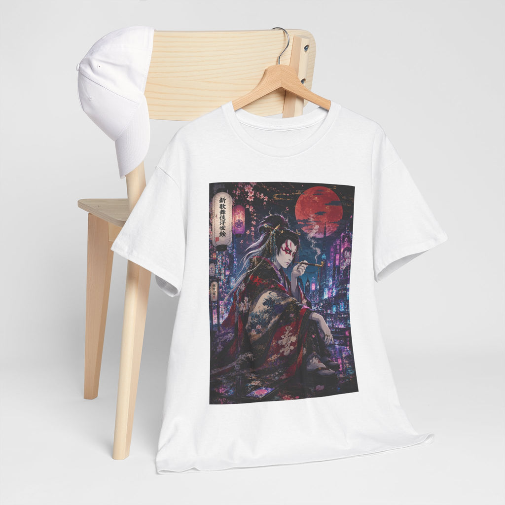 Anime Geisha Nightscape T-Shirt — Cyberpunk Kimono Art Tee