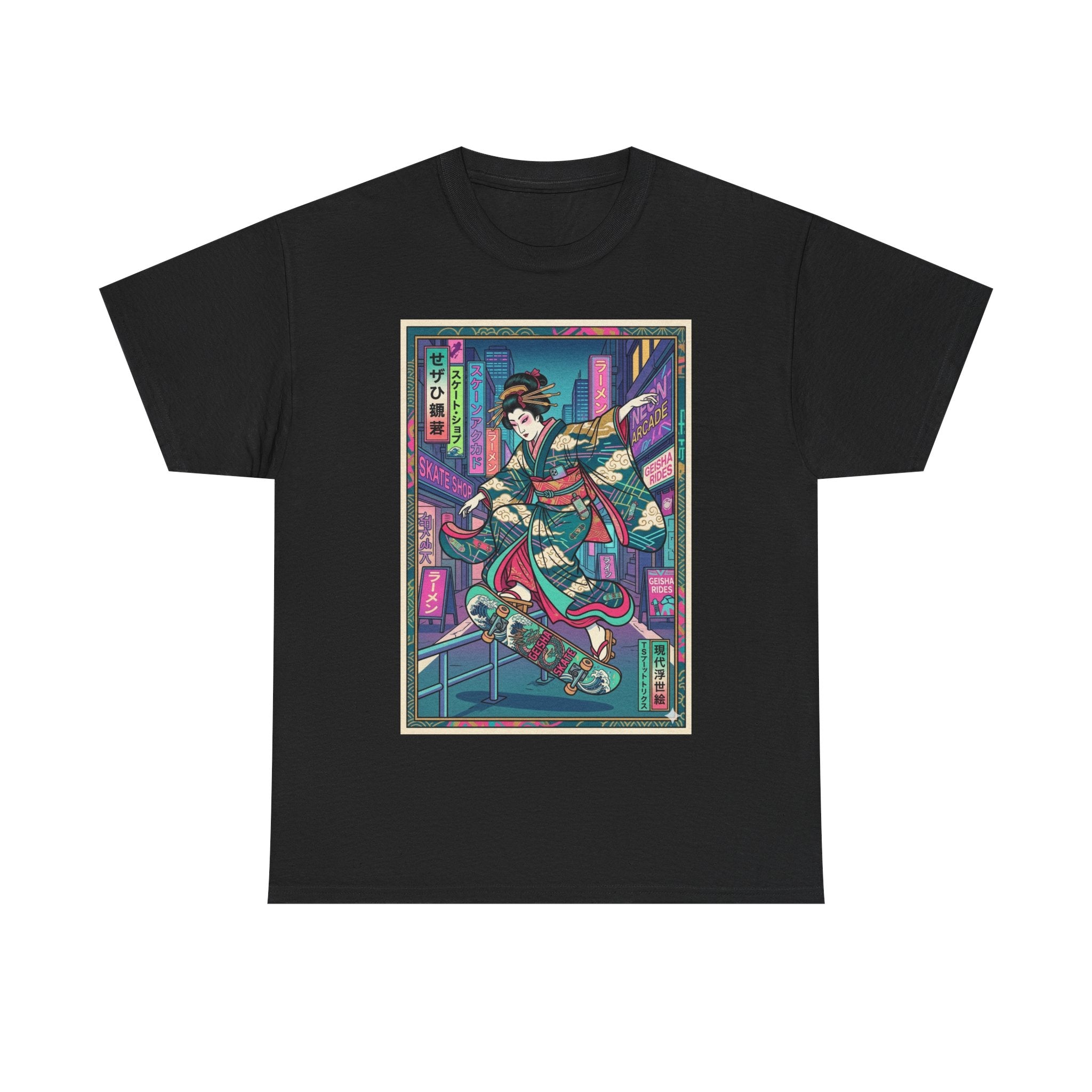 Geisha Skateboard Tee — Neon Cyberpunk Japanese Streetwear T-Shirt