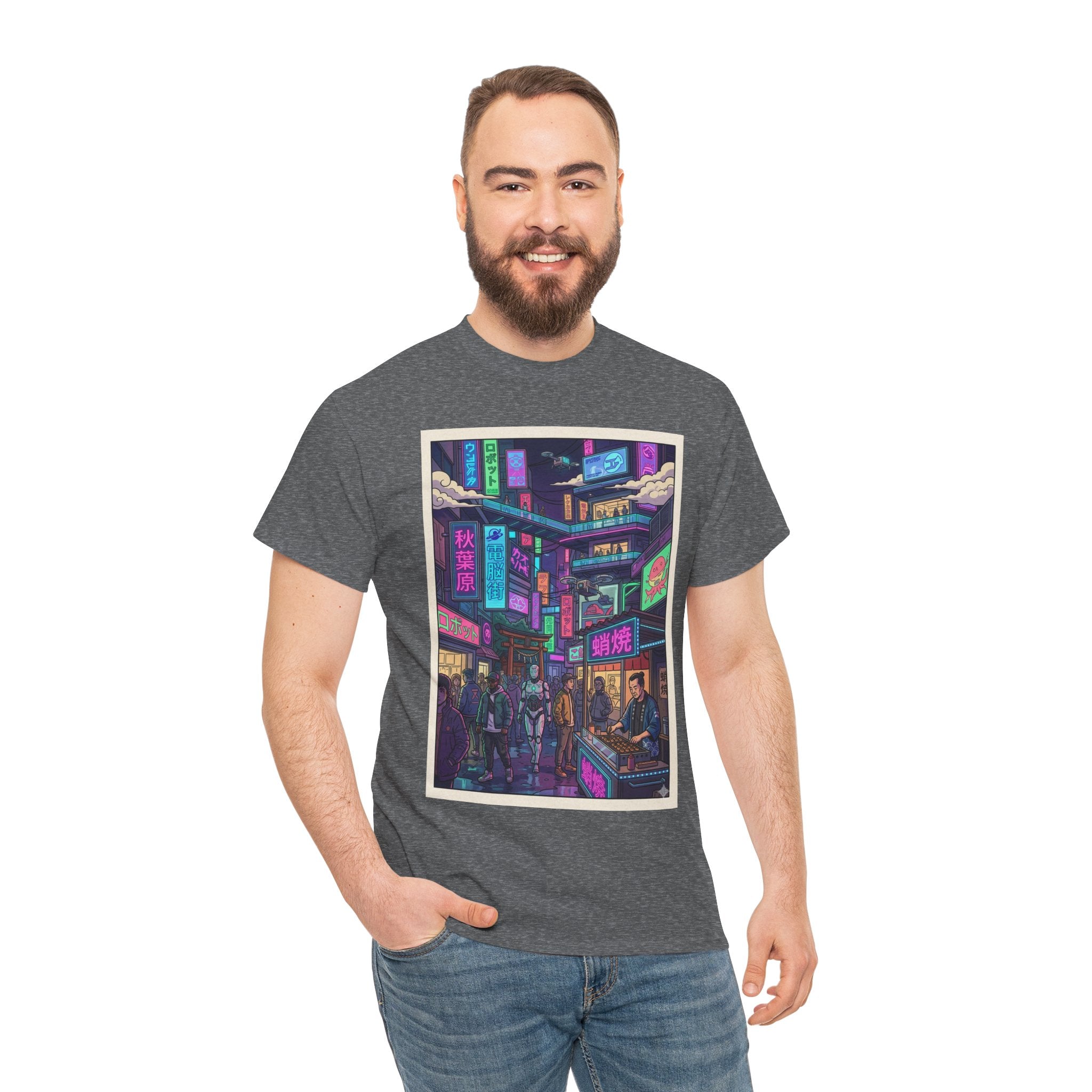 Cyberpunk City Streets Graphic Tee — Neon Night Market Illustration