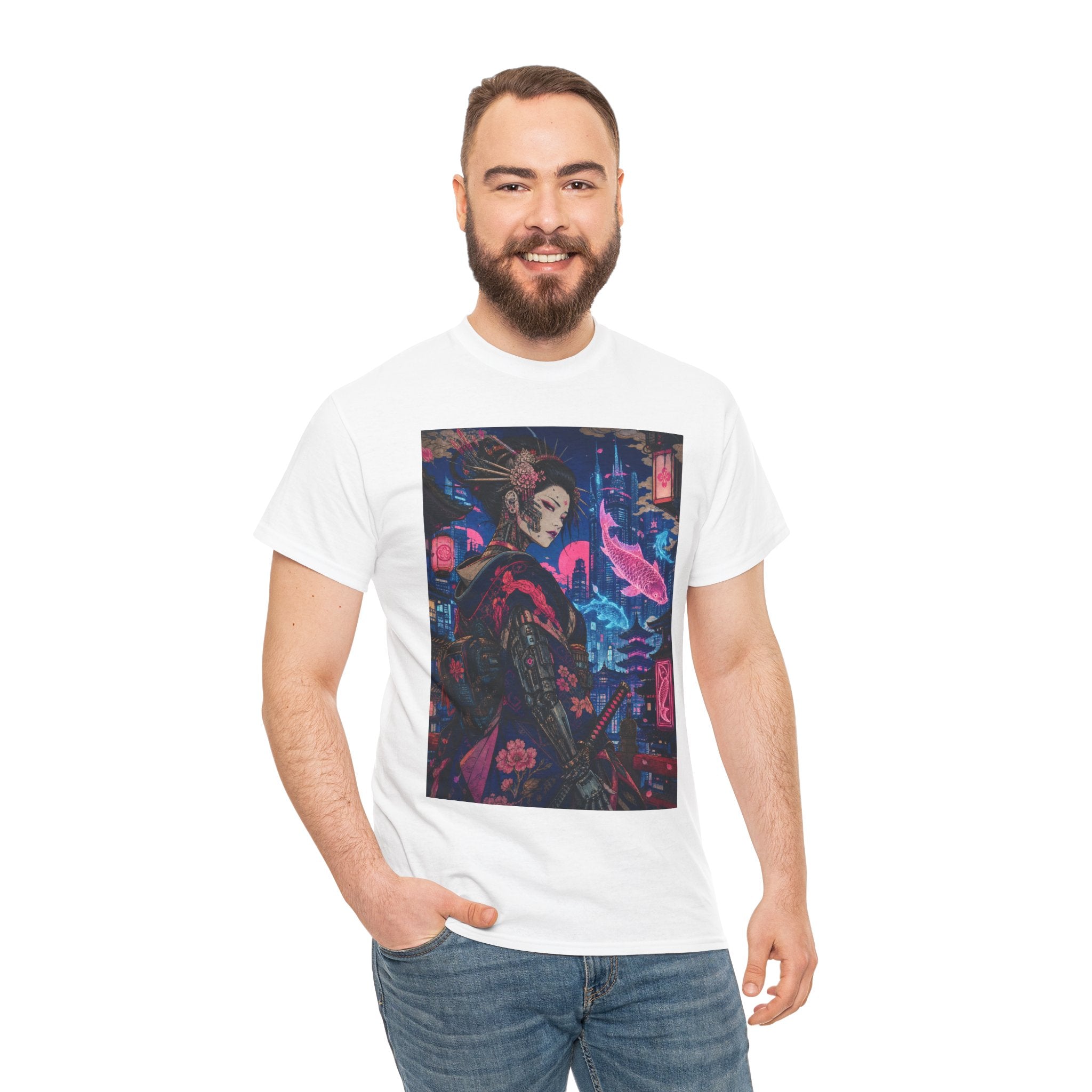 Cyberpunk Geisha Art Tee — Neon Tokyo Samurai Girl Graphic T-Shirt