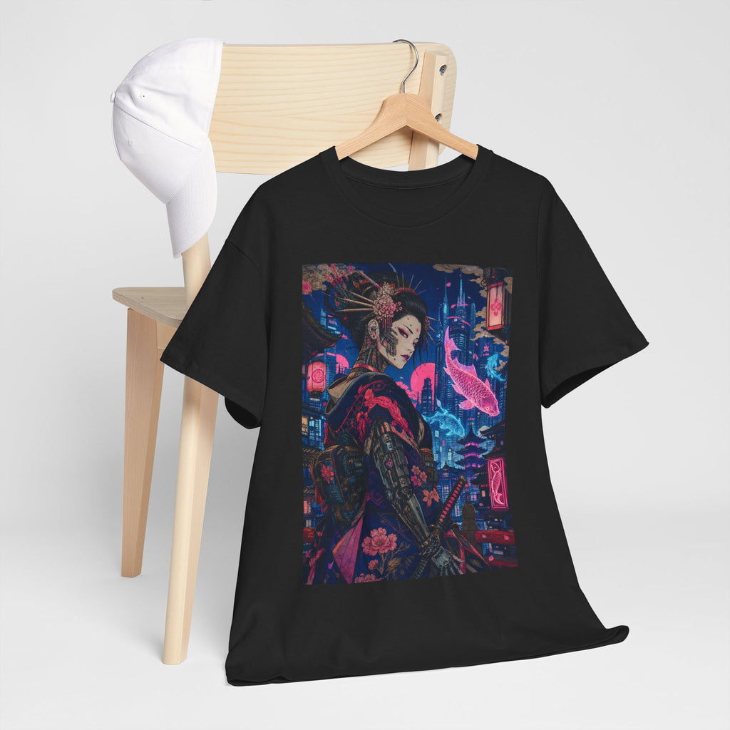 Cyberpunk Geisha Art Tee — Neon Tokyo Samurai Girl Graphic T-Shirt