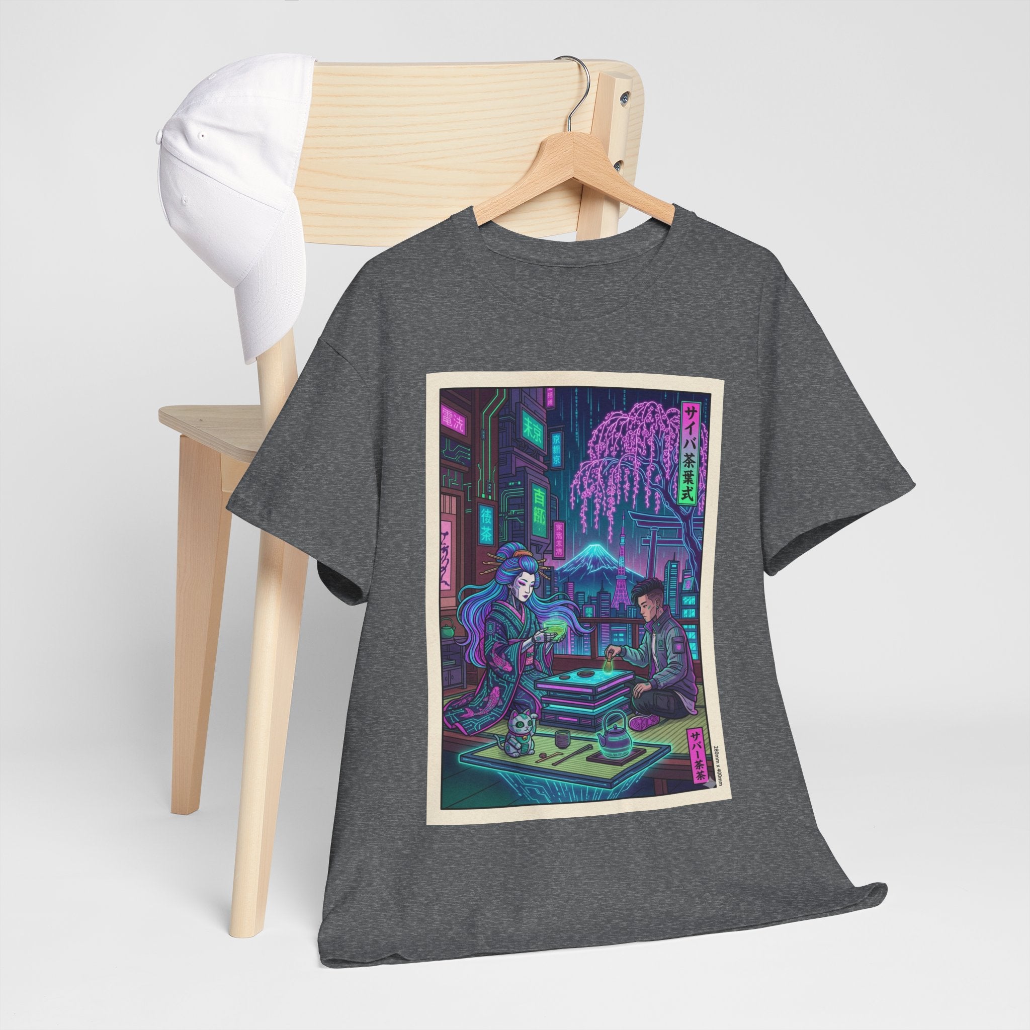 Cyberpunk Tea House Graphic Tee — Neon Retro Japanese-Style Street Scene