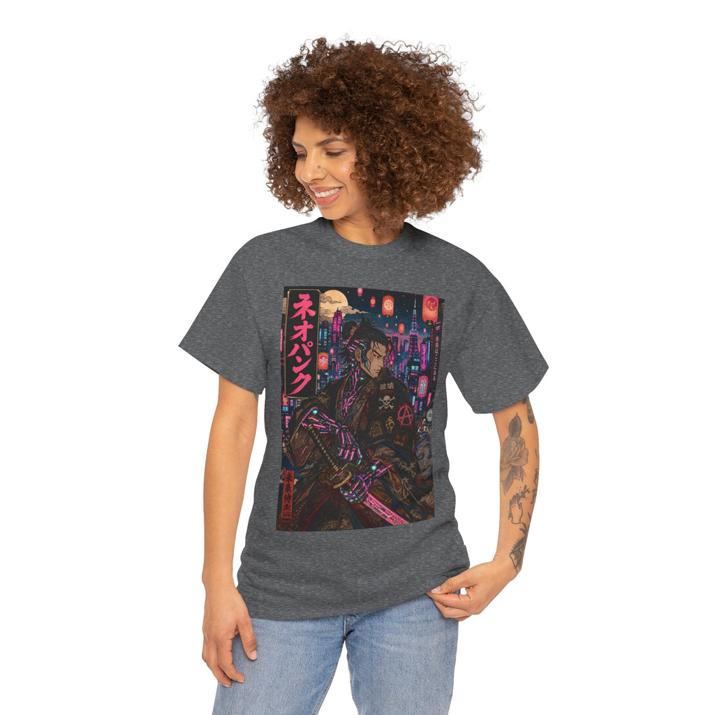 Cyberpunk Samurai T‑Shirt — Neon Night Streetwear with Japanese Text