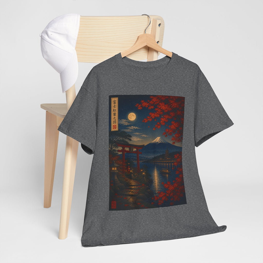 Japanese Nightscape Tee — Moonlit Torii & Autumn Maple Graphic T-Shirt