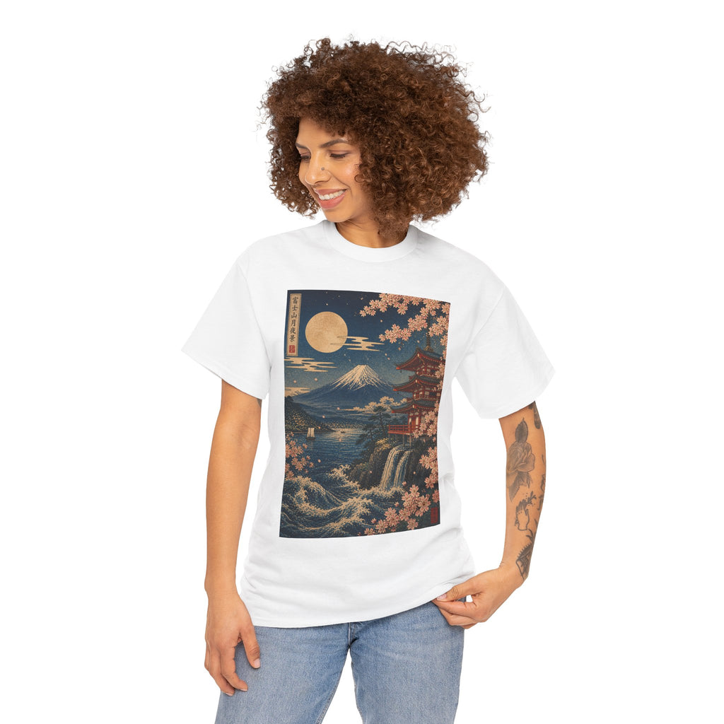 Japanese Landscape T-Shirt — Mount Fuji, Cherry Blossoms & Moon Graphic