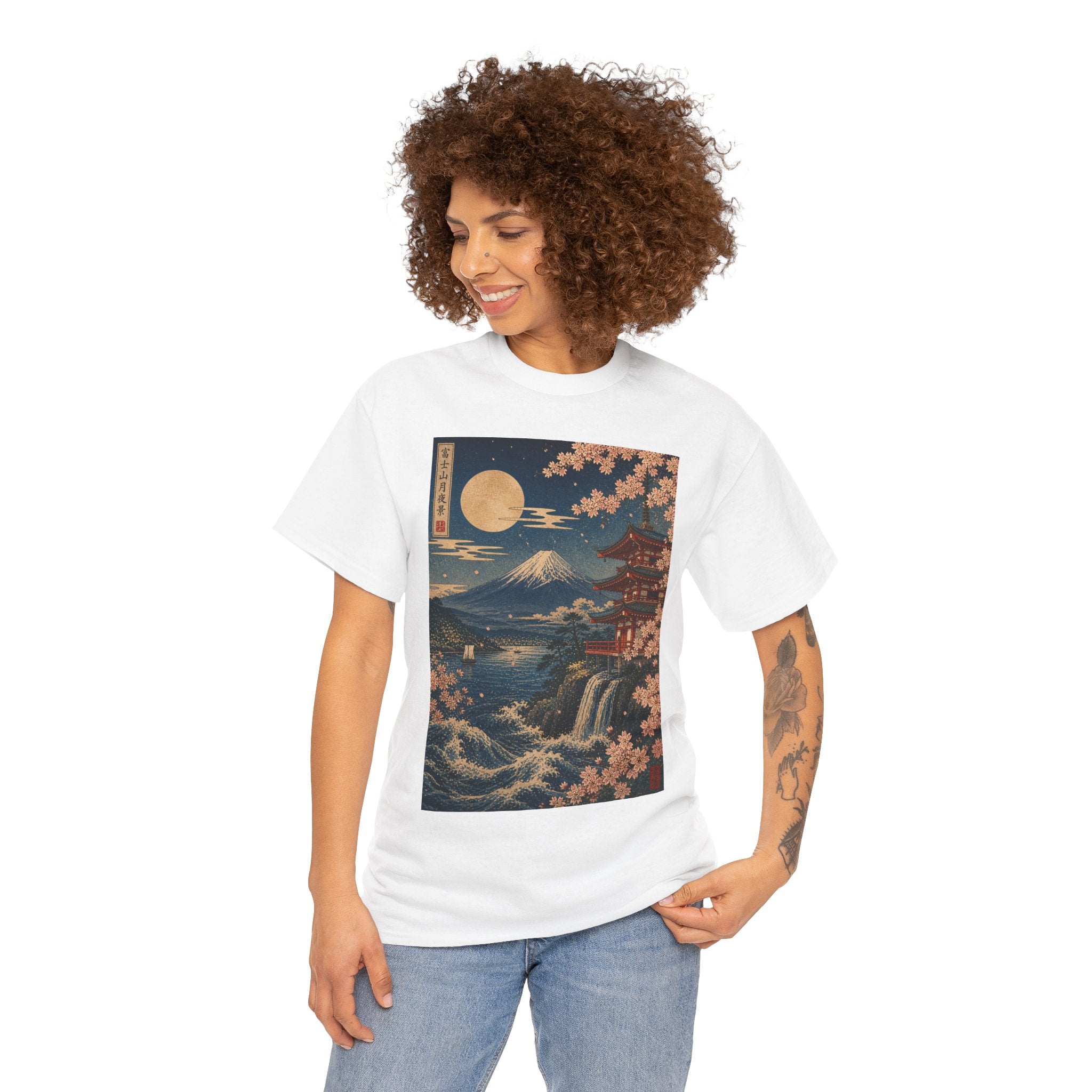 Japanese Landscape T-Shirt — Mount Fuji, Cherry Blossoms & Moon Graphic