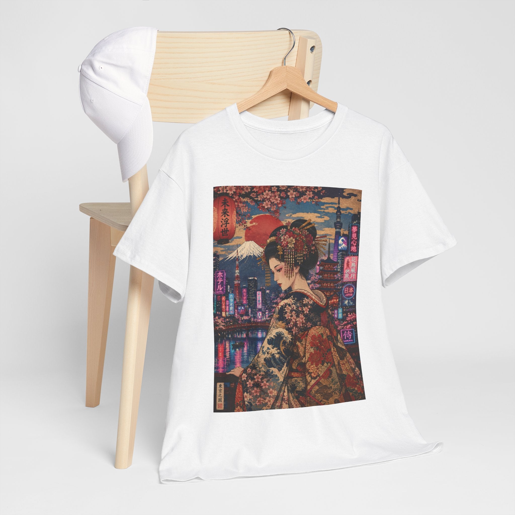 Geisha Cityscape Tee — Vintage Kimono Nighttime Japan Graphic T‑Shirt