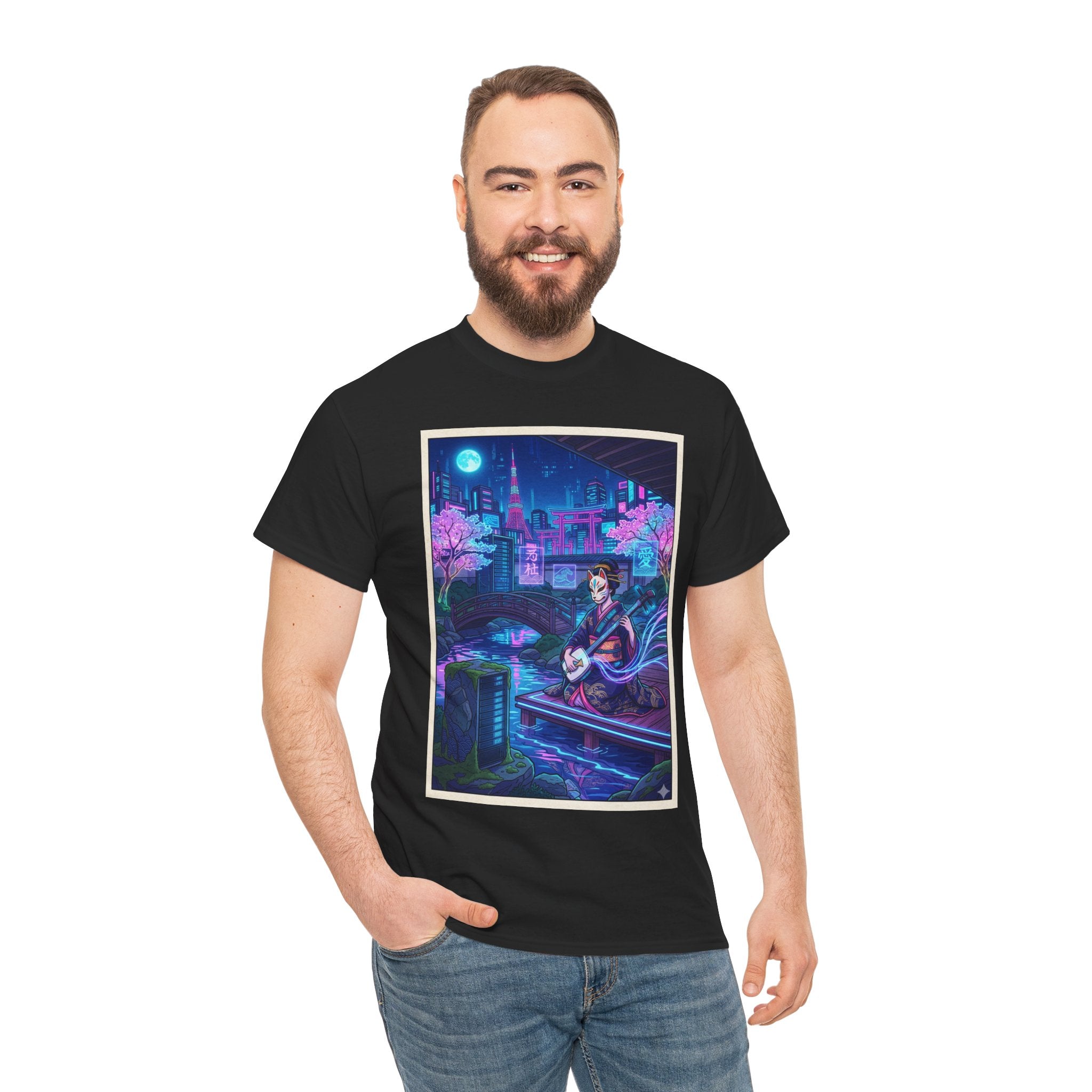 Anime Cyberpunk Guitarist T‑Shirt — Neon City Nightscape Tee