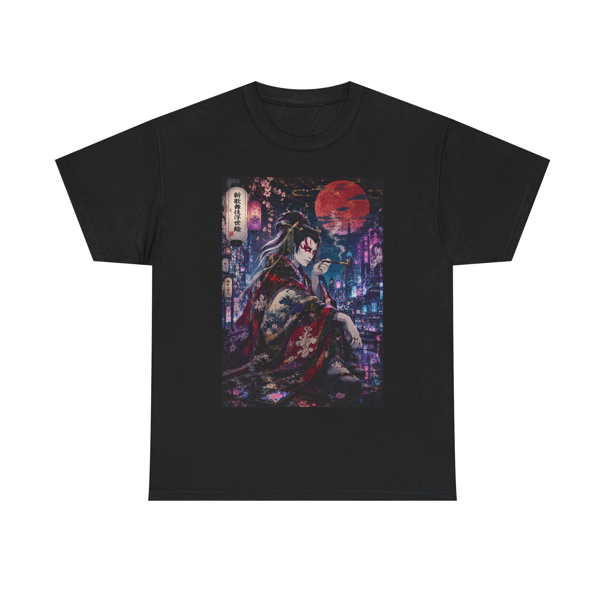Anime Geisha Nightscape T-Shirt — Cyberpunk Kimono Art Tee