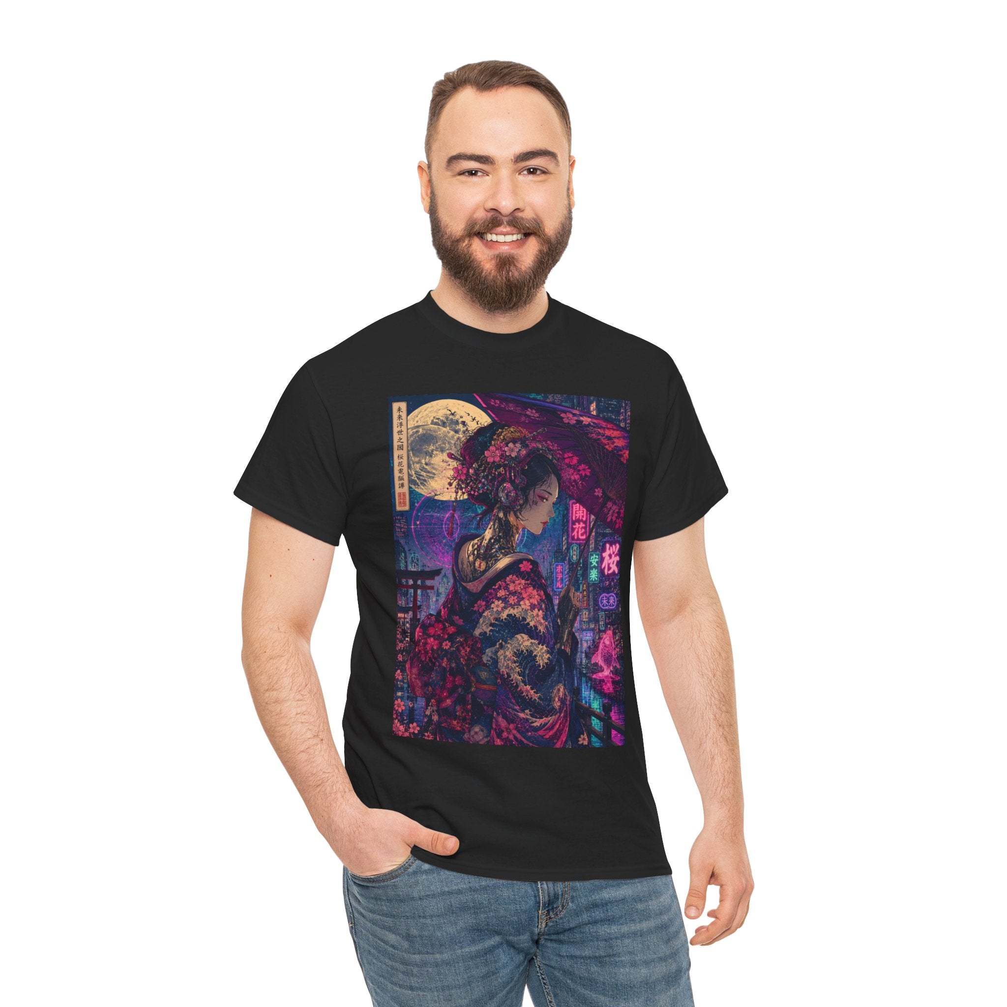 Geisha Neon Nights T-Shirt — Moonlit Sakura Cyberpunk Art Tee - Japanese Streetwear T-Shirt | Tokyo Style X