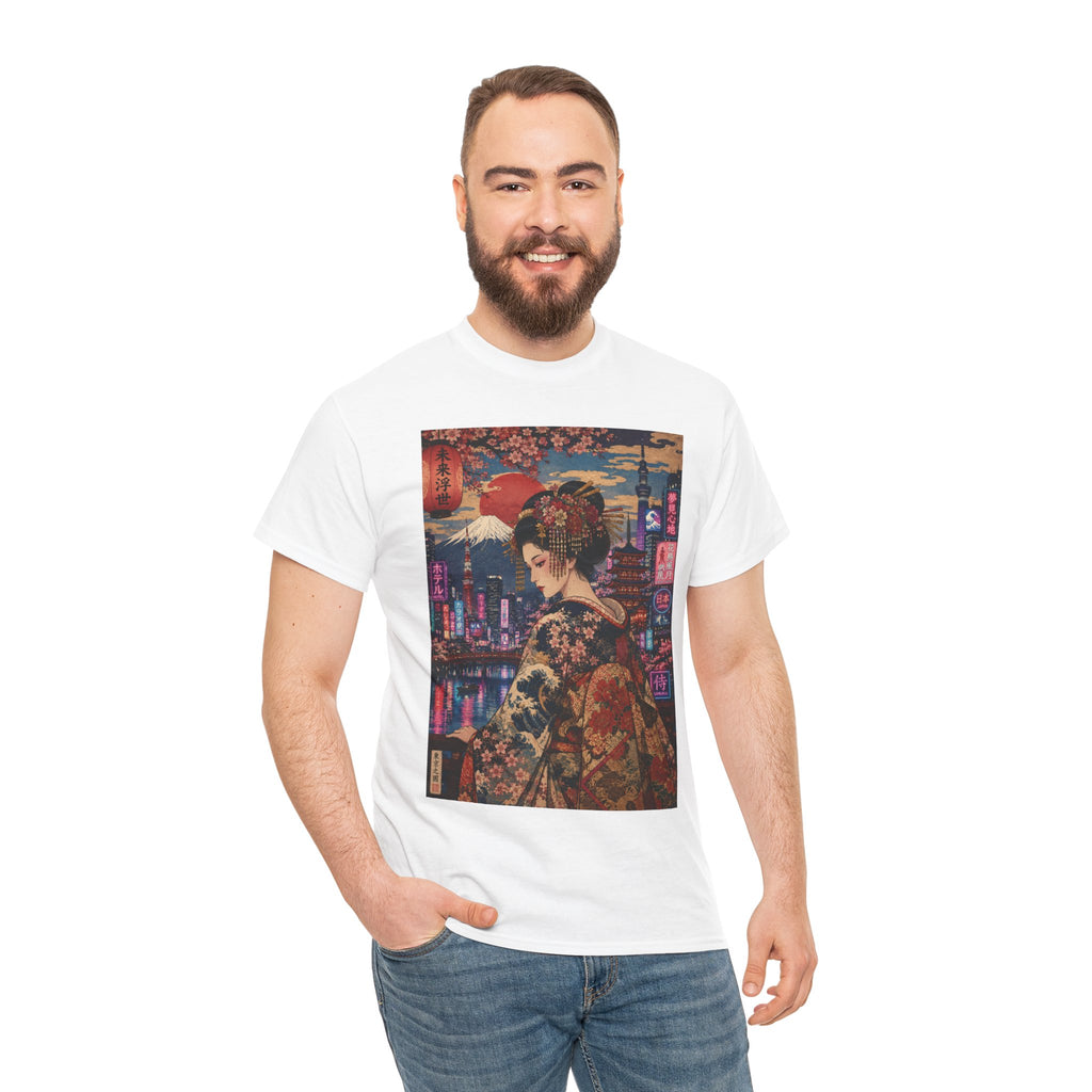 Geisha Cityscape Tee — Vintage Kimono Nighttime Japan Graphic T‑Shirt
