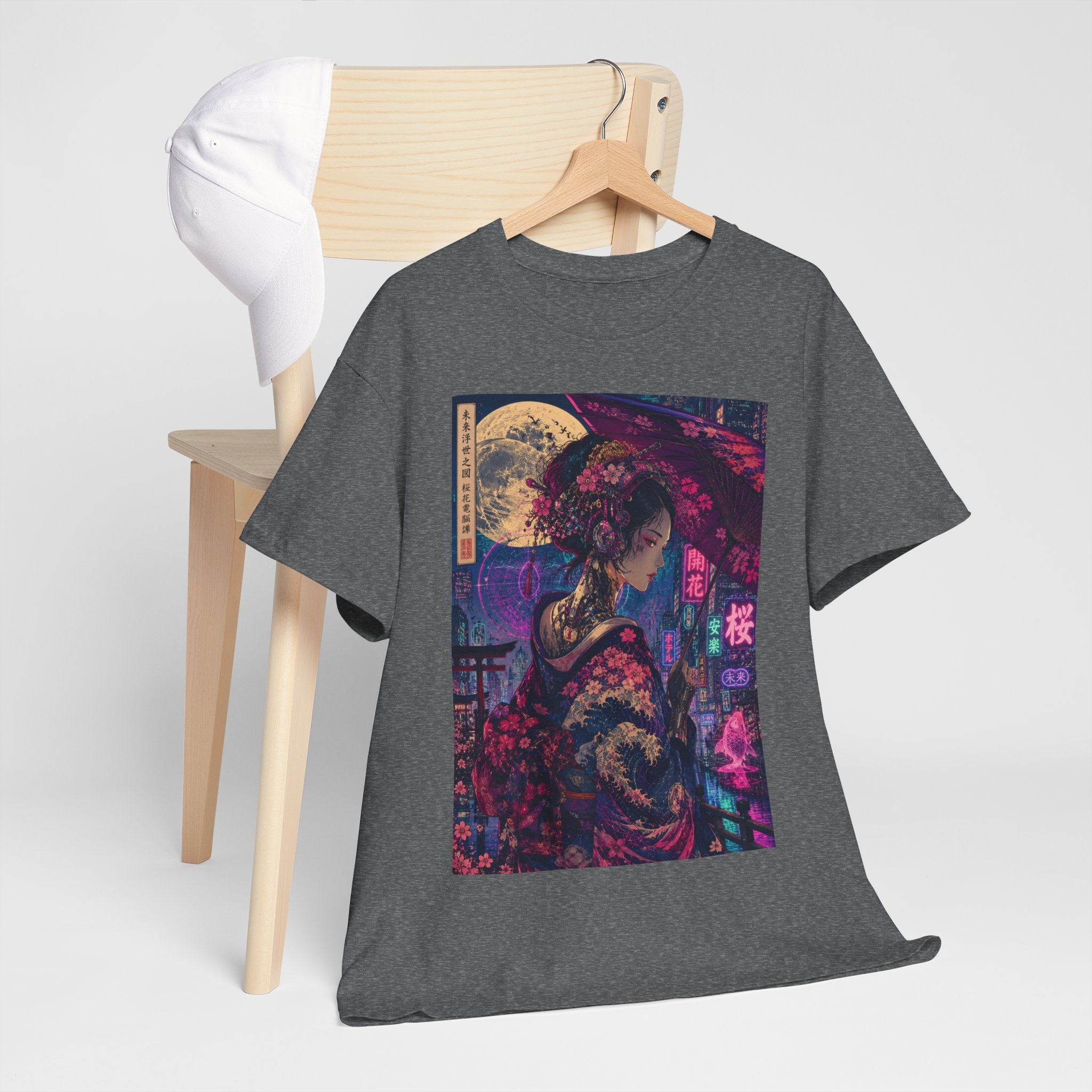 Geisha Neon Nights T-Shirt — Moonlit Sakura Cyberpunk Art Tee - Japanese Streetwear T-Shirt | Tokyo Style X