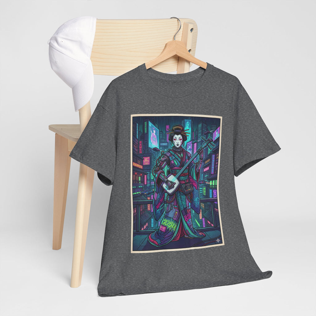 Geisha Synthwave T-Shirt — Neon City Shamisen Art Tee