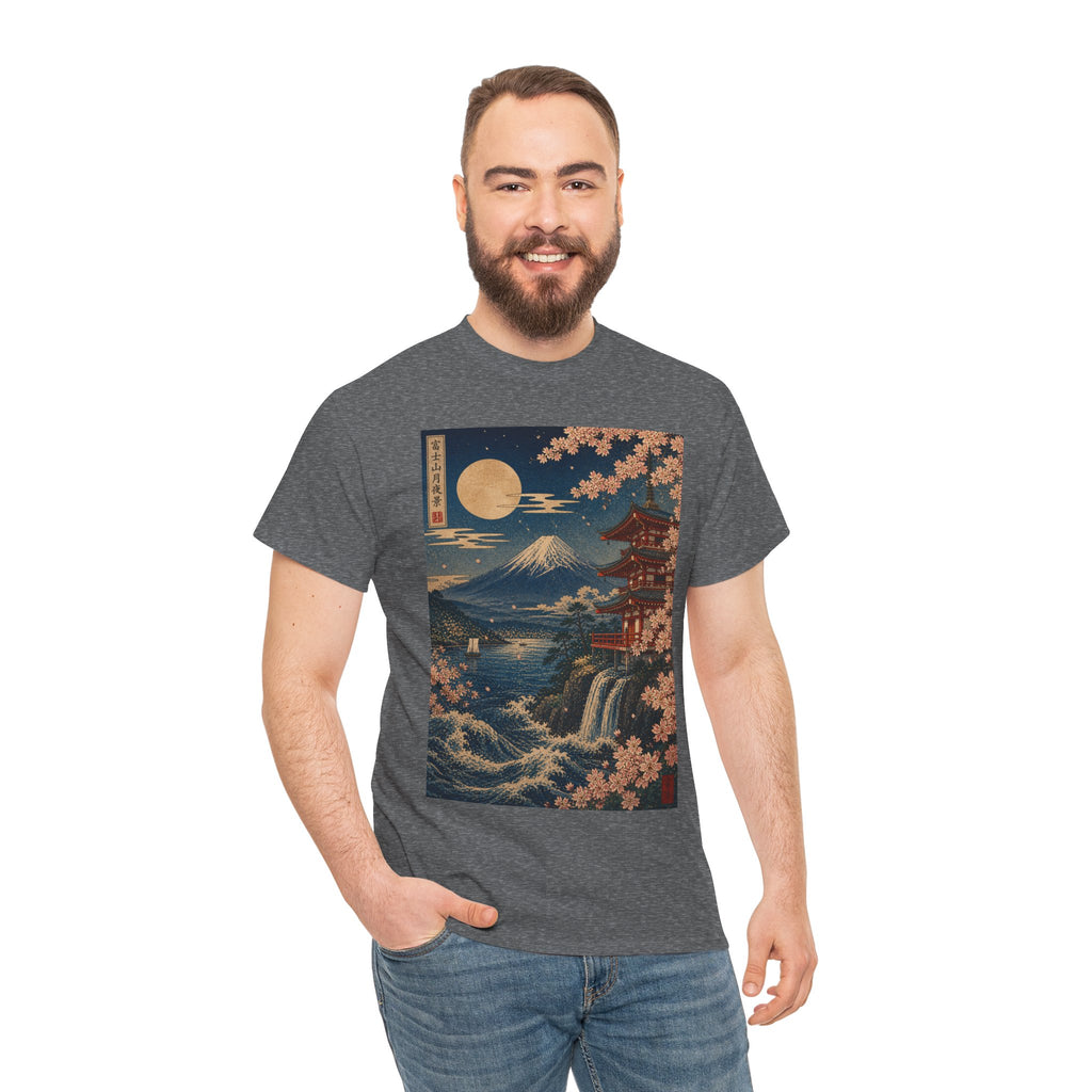Japanese Landscape T-Shirt — Mount Fuji, Cherry Blossoms & Moon Graphic