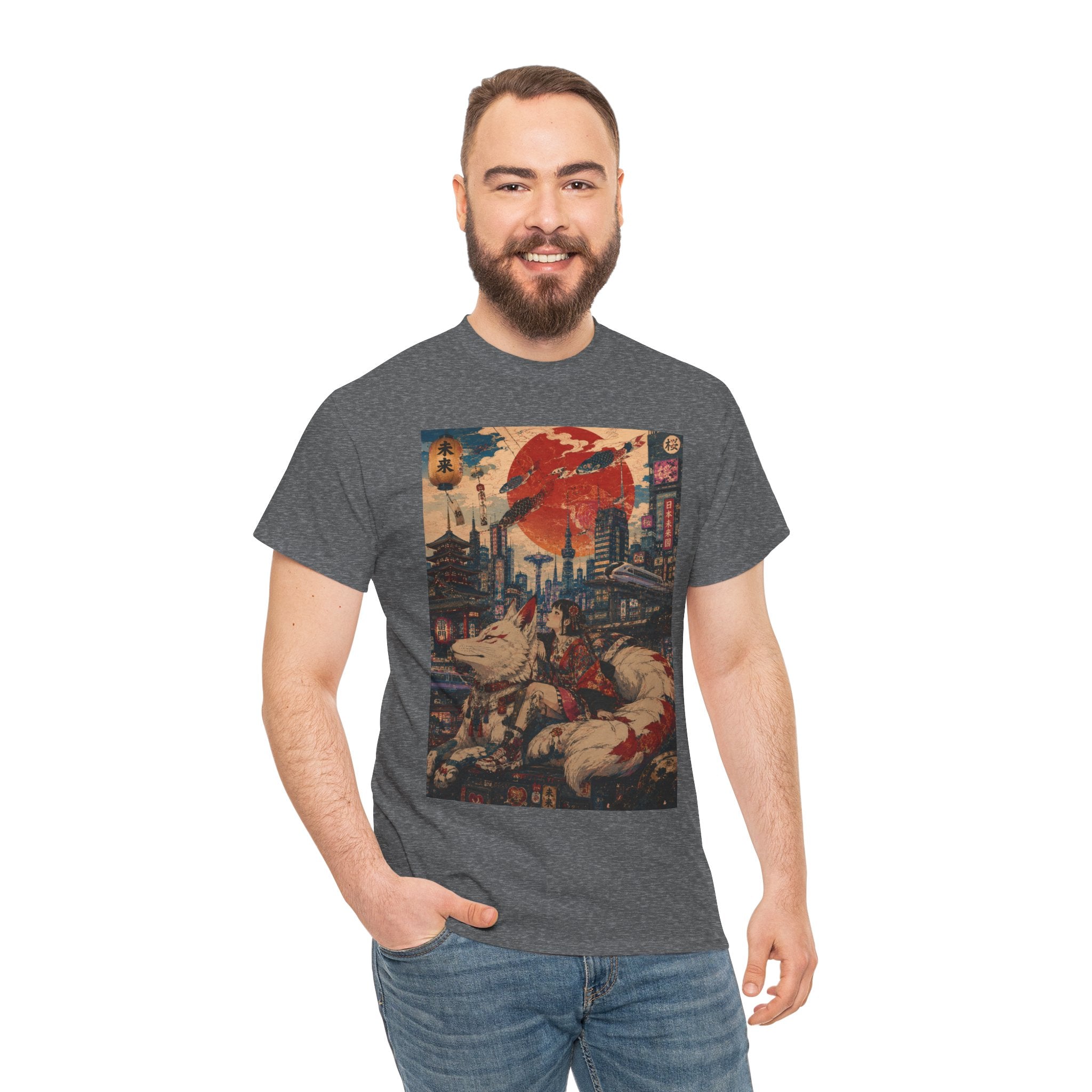 Graphic Tee — Cyberpunk Samurai Cityscape with Sleeping Fox - Japanese Streetwear T-Shirt | Tokyo Style X