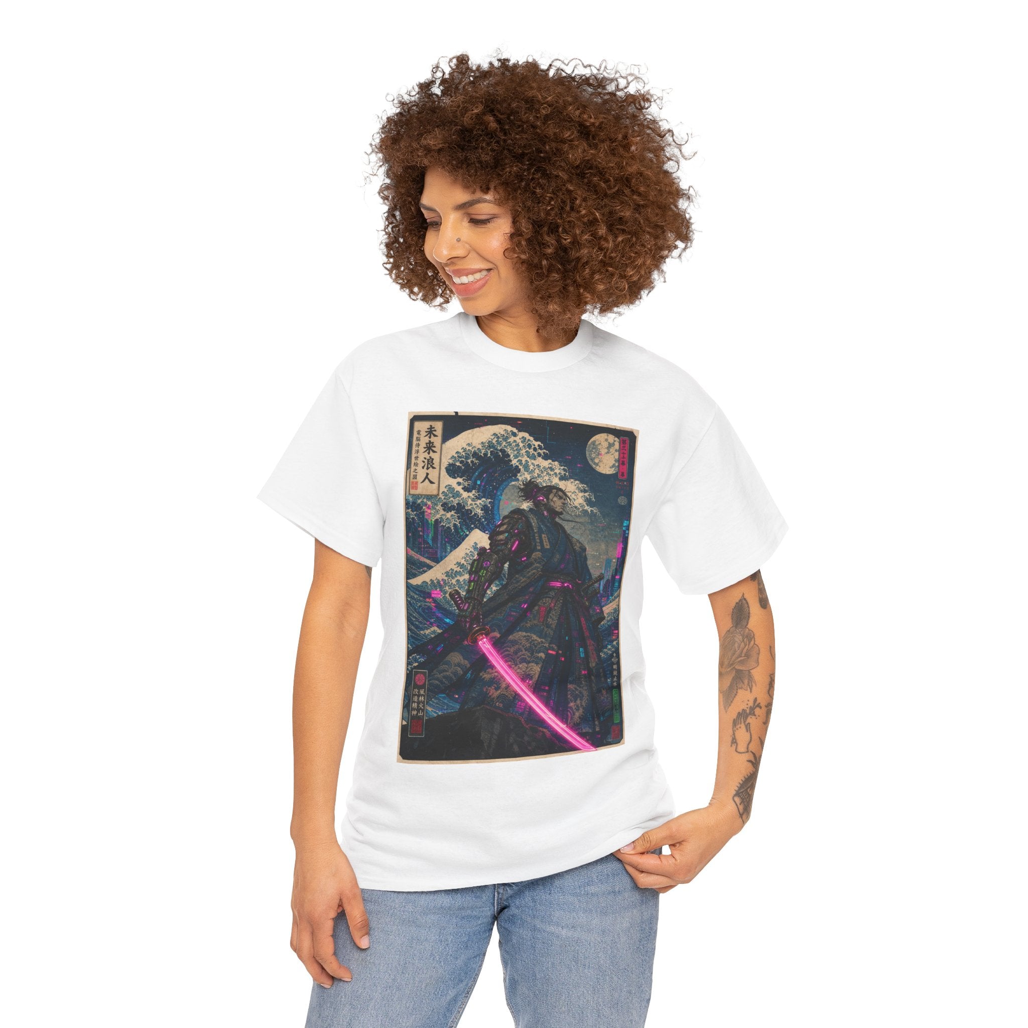 Samurai Neon Wave T-Shirt — Retro Cyberpunk Katana Graphic Tee - Japanese Streetwear T-Shirt | Tokyo Style X