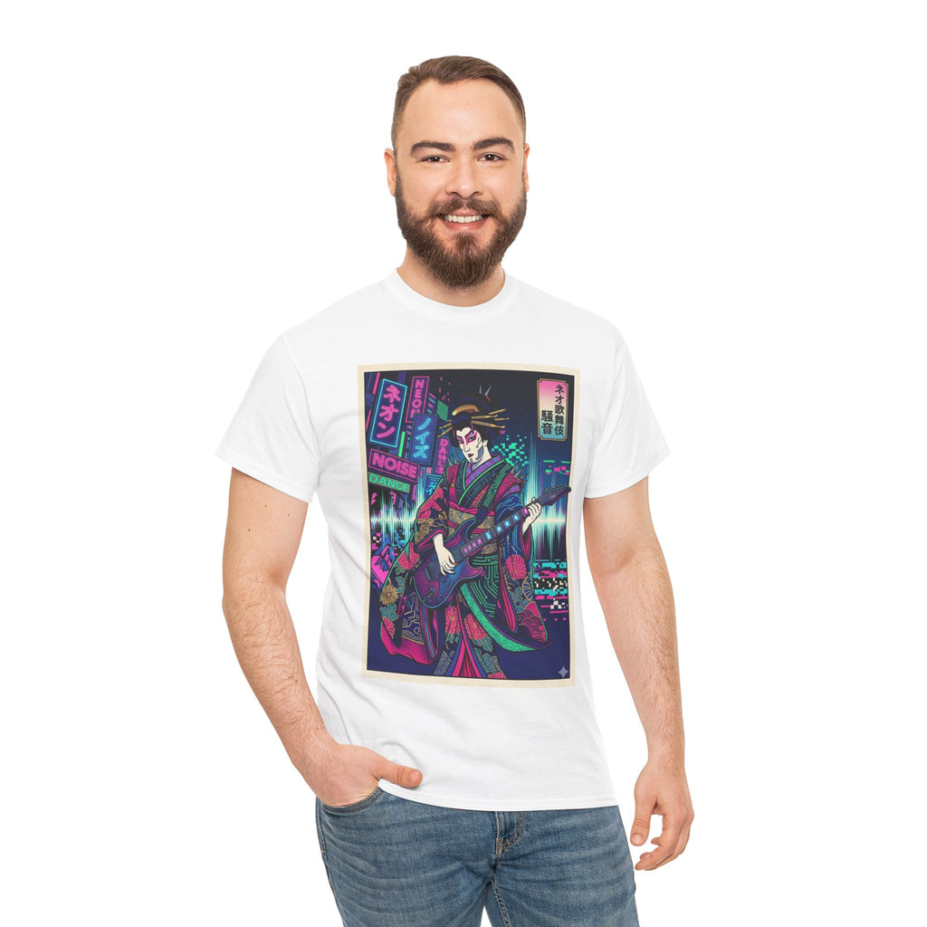 Geisha Guitar Tee — Neon Cyberpunk Japanese Rock T-Shirt