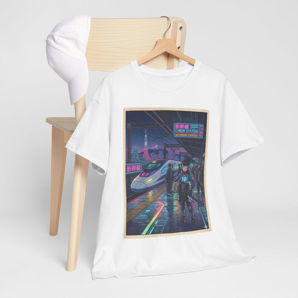 Cyberpunk Cityscape T-Shirt — Neon Train & Futuristic Rider Graphic Tee