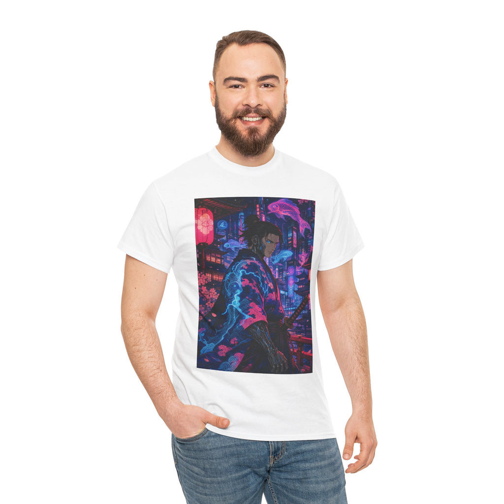 Cyberpunk Samurai T-Shirt — Neon City Nightscape Graphic Tee