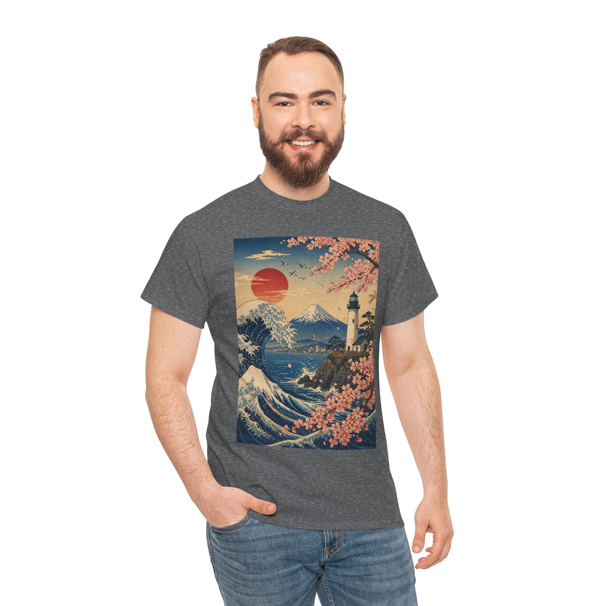 Japanese Wave & Cherry Blossom Art Tee — Mt. Fuji Sunset Graphic T-Shirt