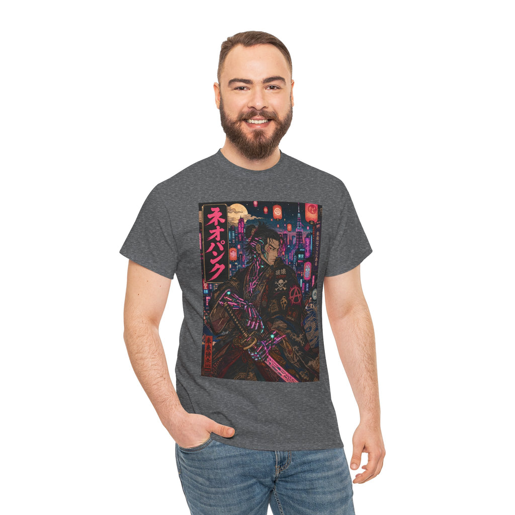 Cyberpunk Samurai T‑Shirt — Neon Night Streetwear with Japanese Text
