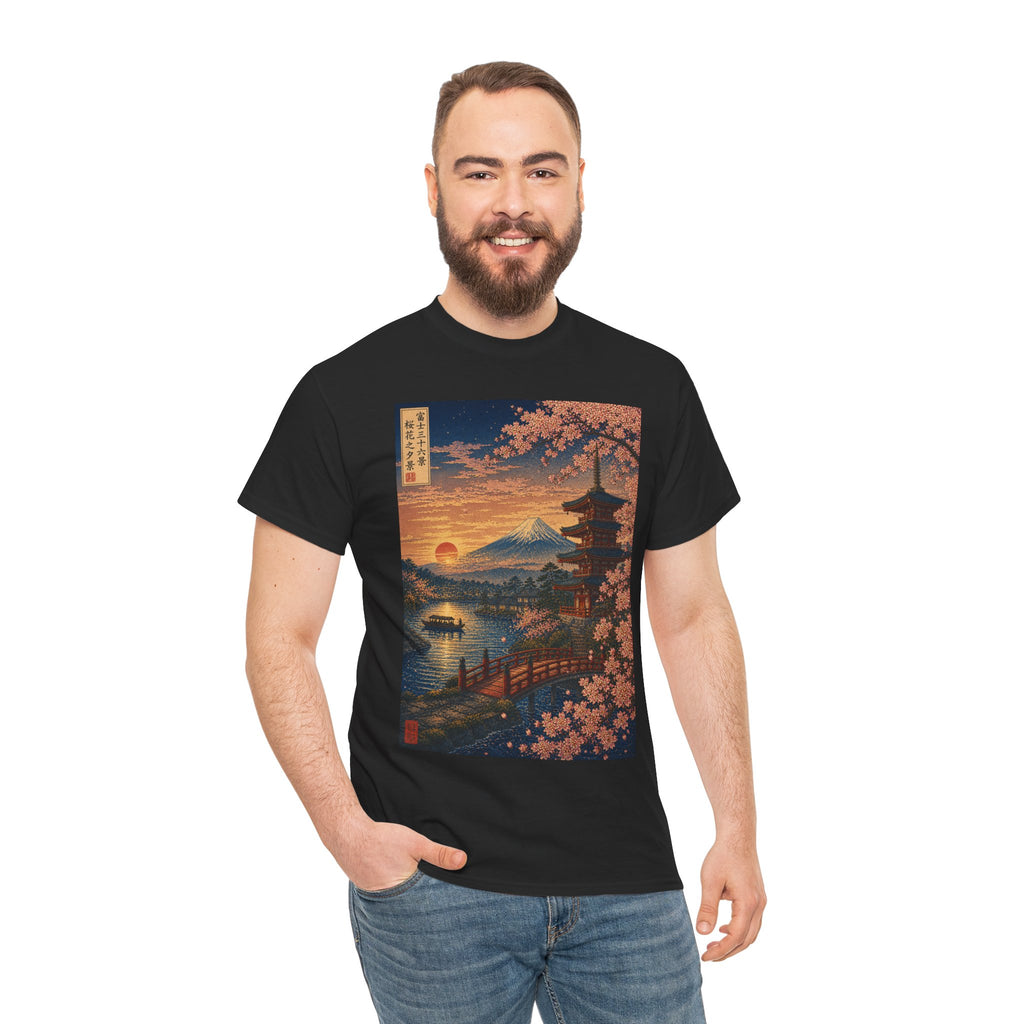 Japanese Sunset Landscape T-Shirt — Mount Fuji, Pagoda & Cherry Blossoms
