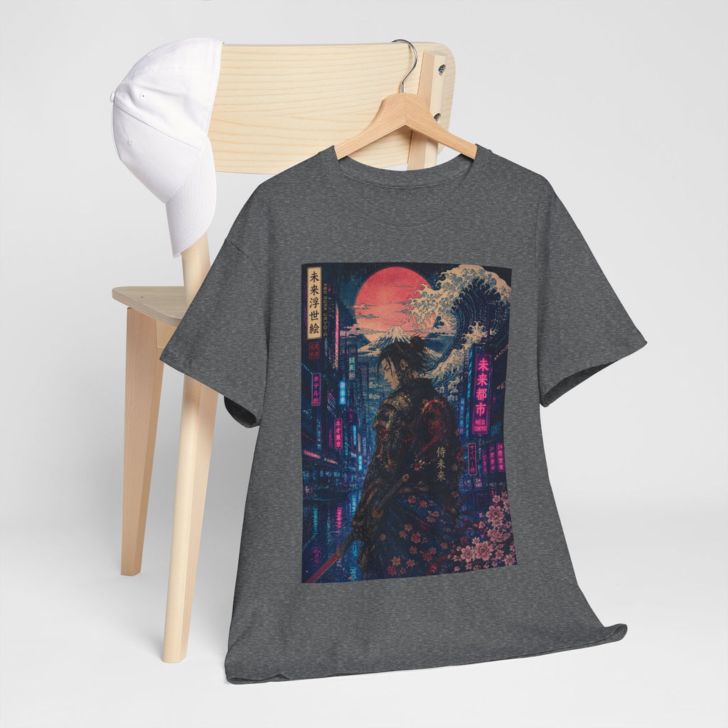 Samurai Neon City T‑Shirt — Cyberpunk Moonlit Japanese Street Graphic Tee