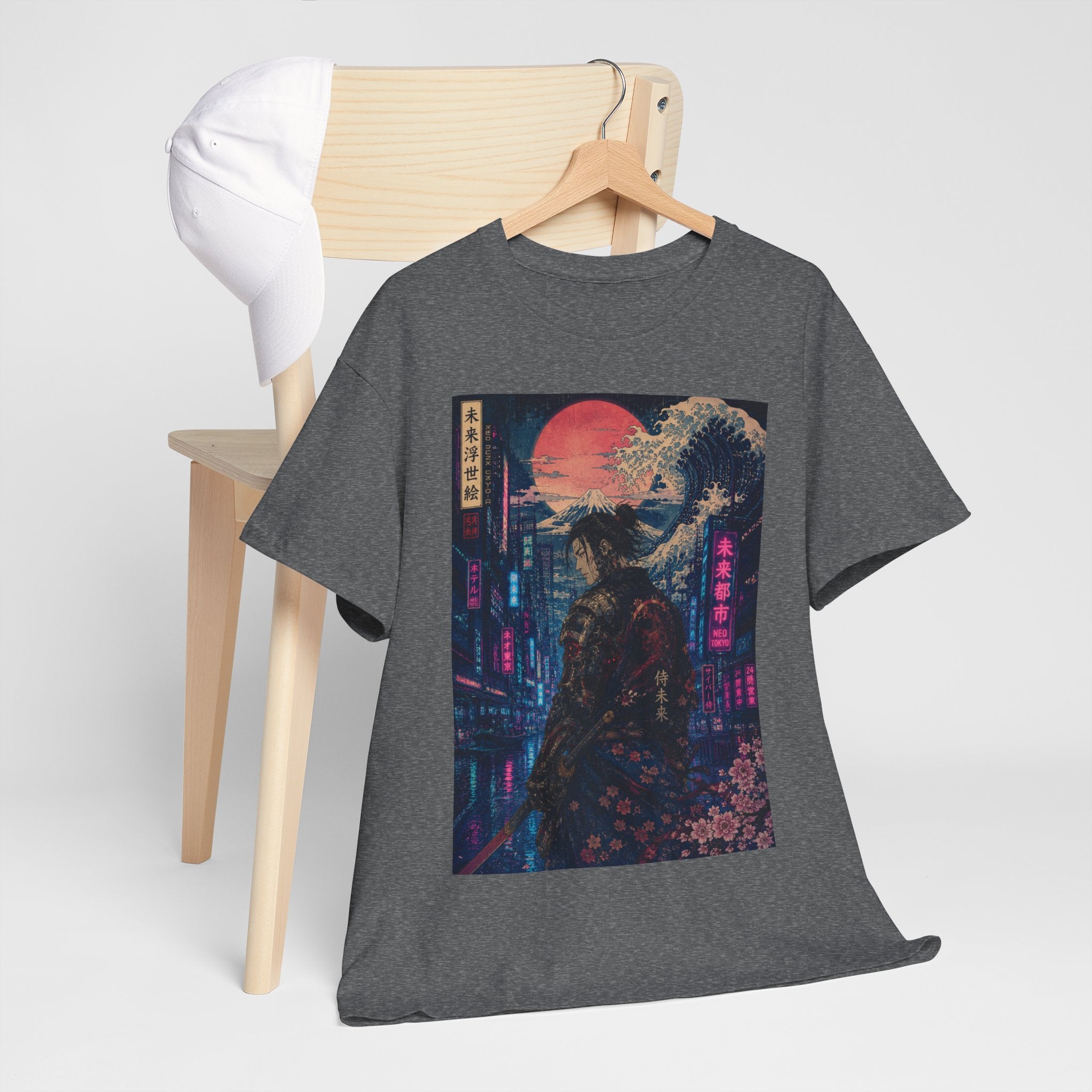 Samurai Neon City T‑Shirt — Cyberpunk Moonlit Japanese Street Graphic Tee