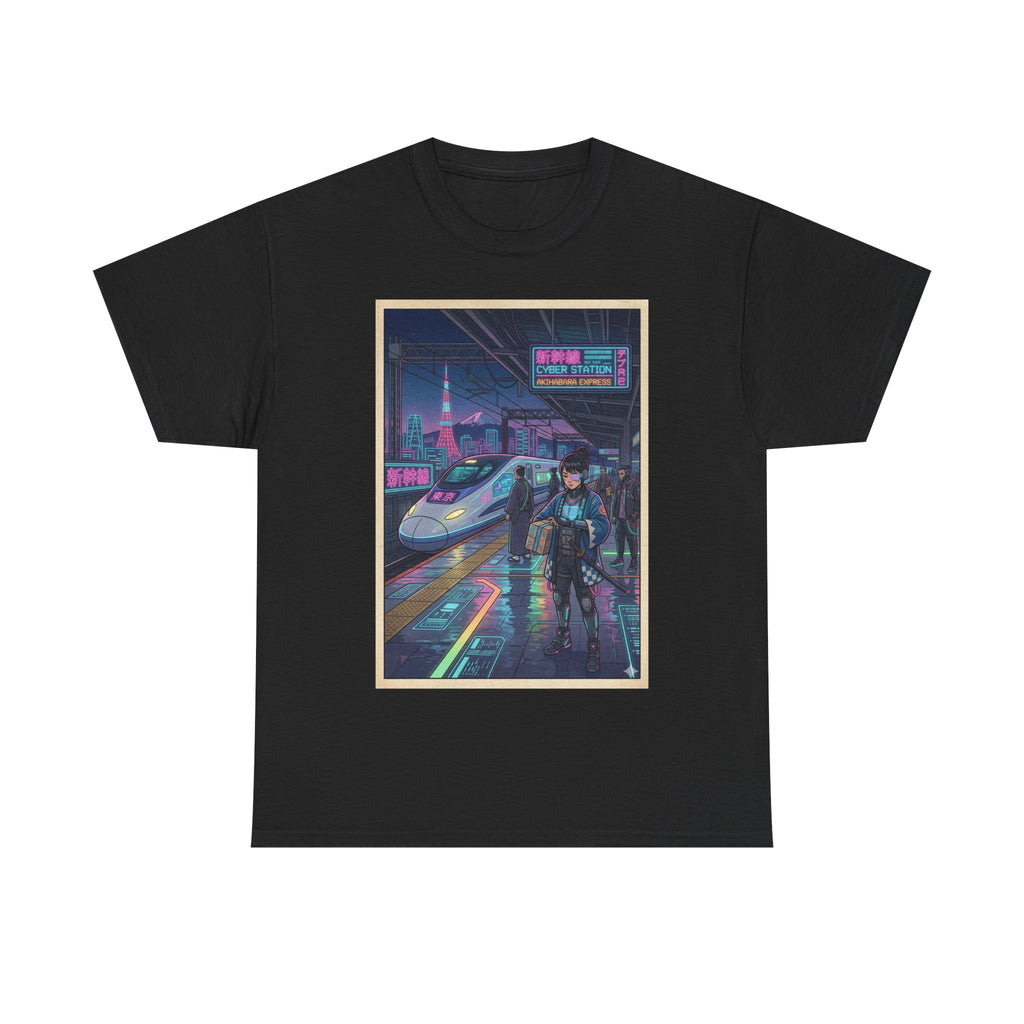 Cyberpunk Cityscape T-Shirt — Neon Train & Futuristic Rider Graphic Tee
