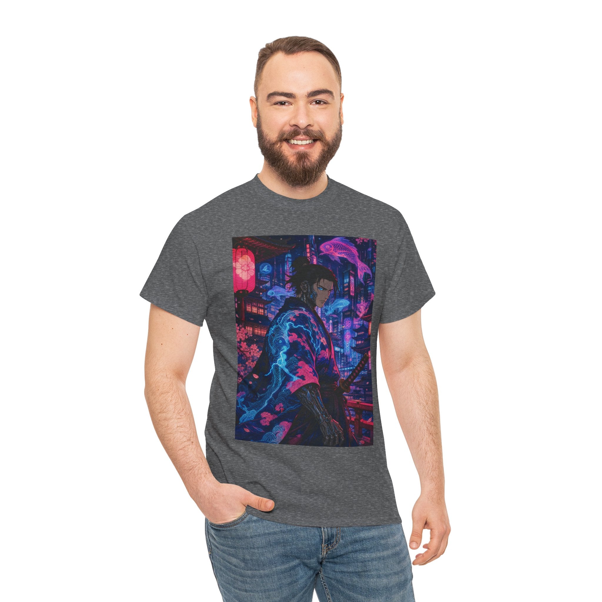Cyberpunk Samurai T-Shirt — Neon City Nightscape Graphic Tee