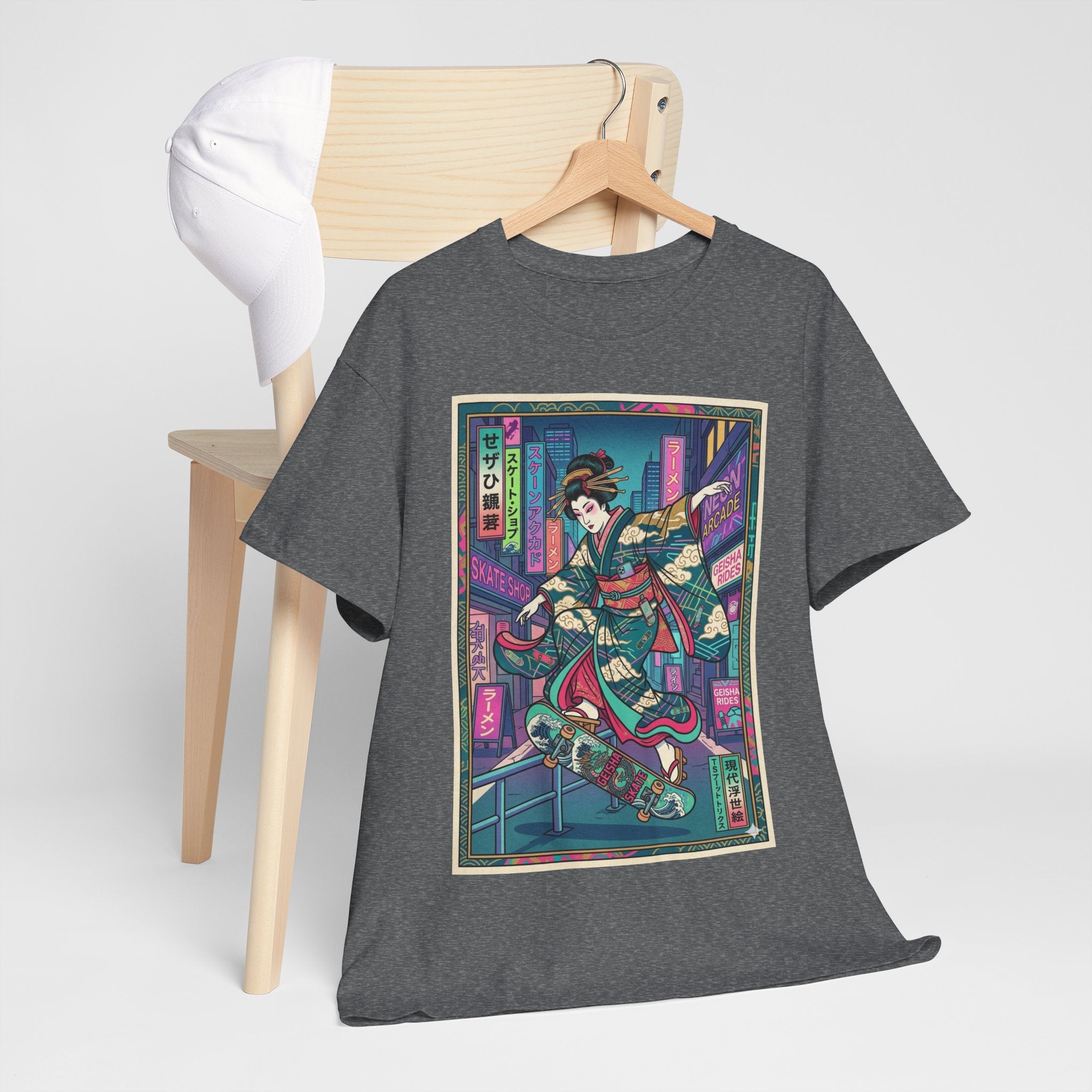 Geisha Skateboard Tee — Neon Cyberpunk Japanese Streetwear T-Shirt
