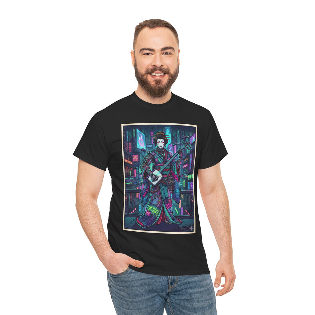 Geisha Synthwave T-Shirt — Neon City Shamisen Art Tee