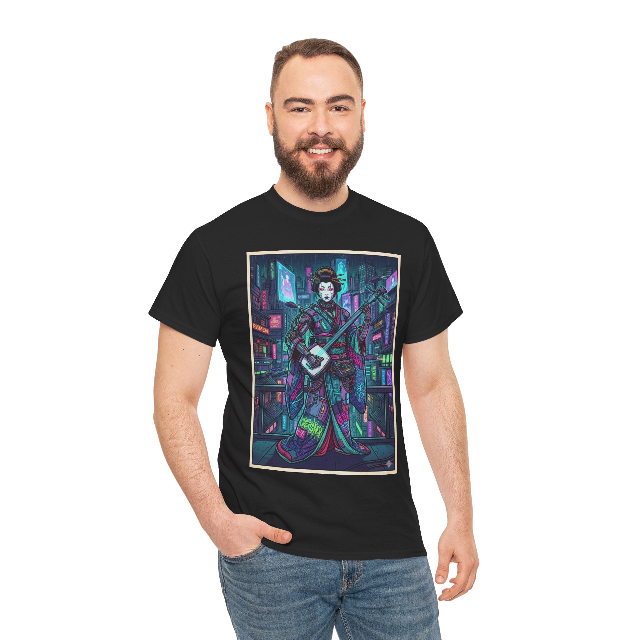 Geisha Synthwave T-Shirt — Neon City Shamisen Art Tee