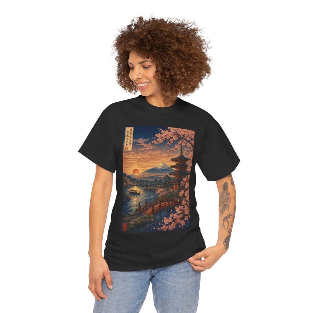 Japanese Sunset Landscape T-Shirt — Mount Fuji, Pagoda & Cherry Blossoms