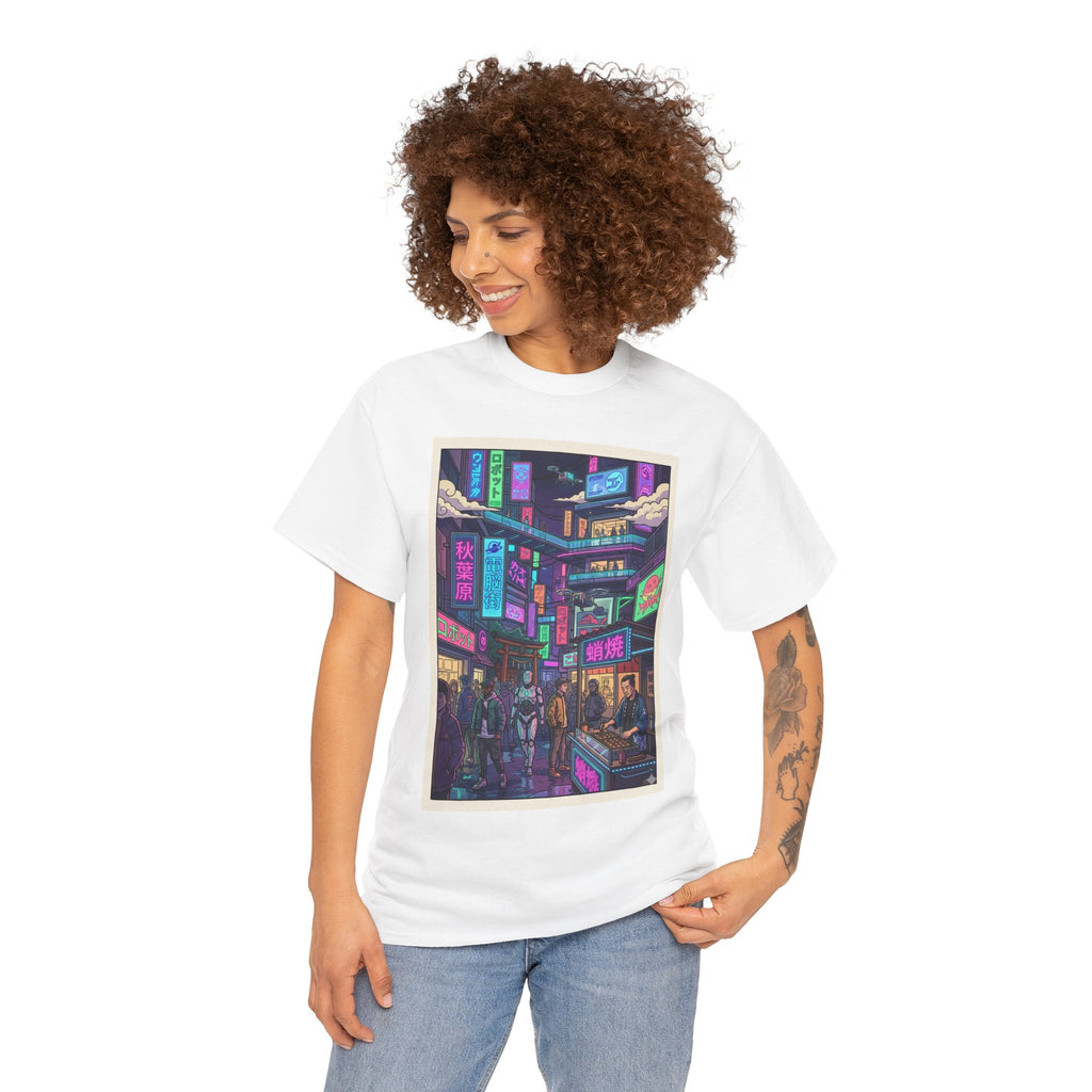 Cyberpunk City Streets Graphic Tee — Neon Night Market Illustration