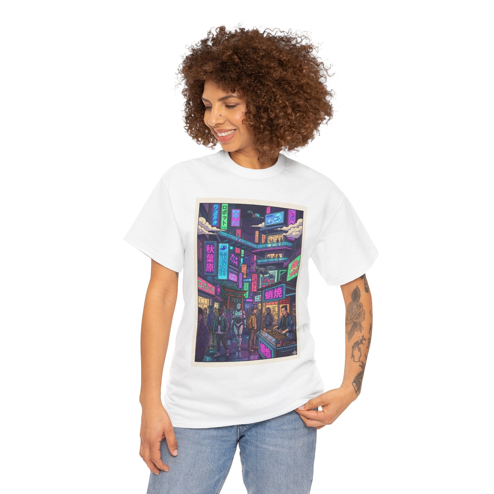 Cyberpunk City Streets Graphic Tee — Neon Night Market Illustration