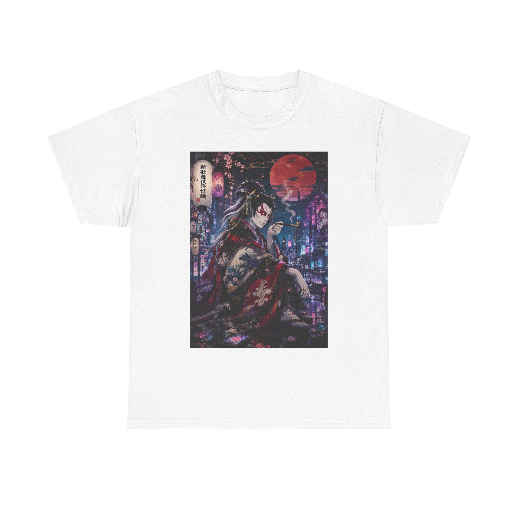 Anime Geisha Nightscape T-Shirt — Cyberpunk Kimono Art Tee