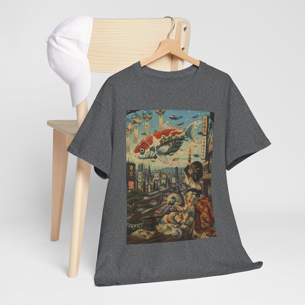 Koi Cityscape T-Shirt — Retro Japanese Ukiyo-e Urban Fantasy Tee - Japanese Streetwear T-Shirt | Tokyo Style X