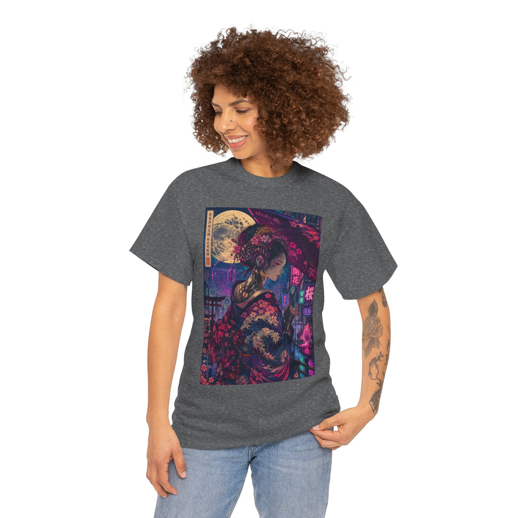 Geisha Neon Nights T-Shirt — Moonlit Sakura Cyberpunk Art Tee - Japanese Streetwear T-Shirt | Tokyo Style X