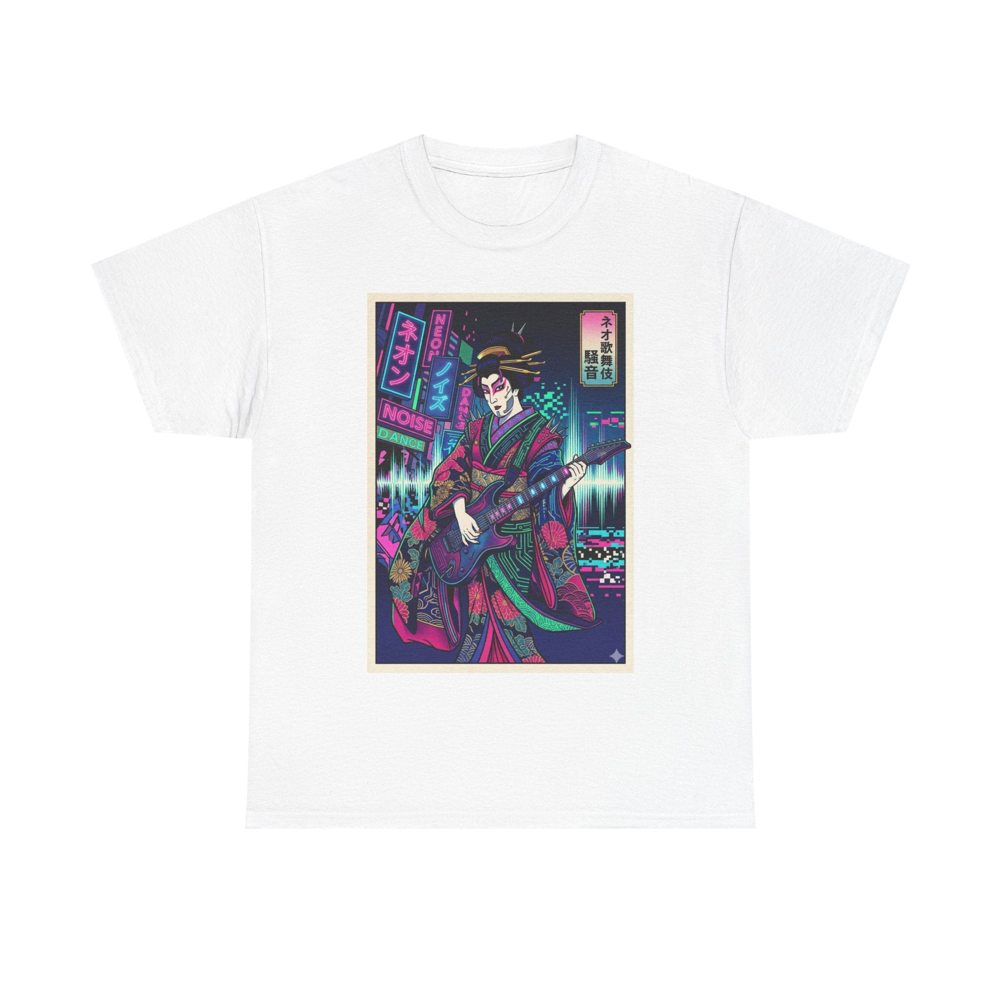 Geisha Guitar Tee — Neon Cyberpunk Japanese Rock T-Shirt