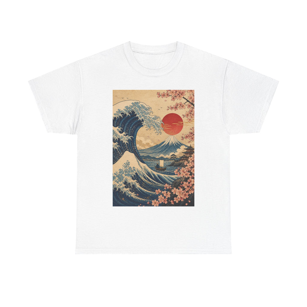 Vintage Japanese Wave Tee — Sakura Sunset Hokusai-Inspired Graphic Shirt