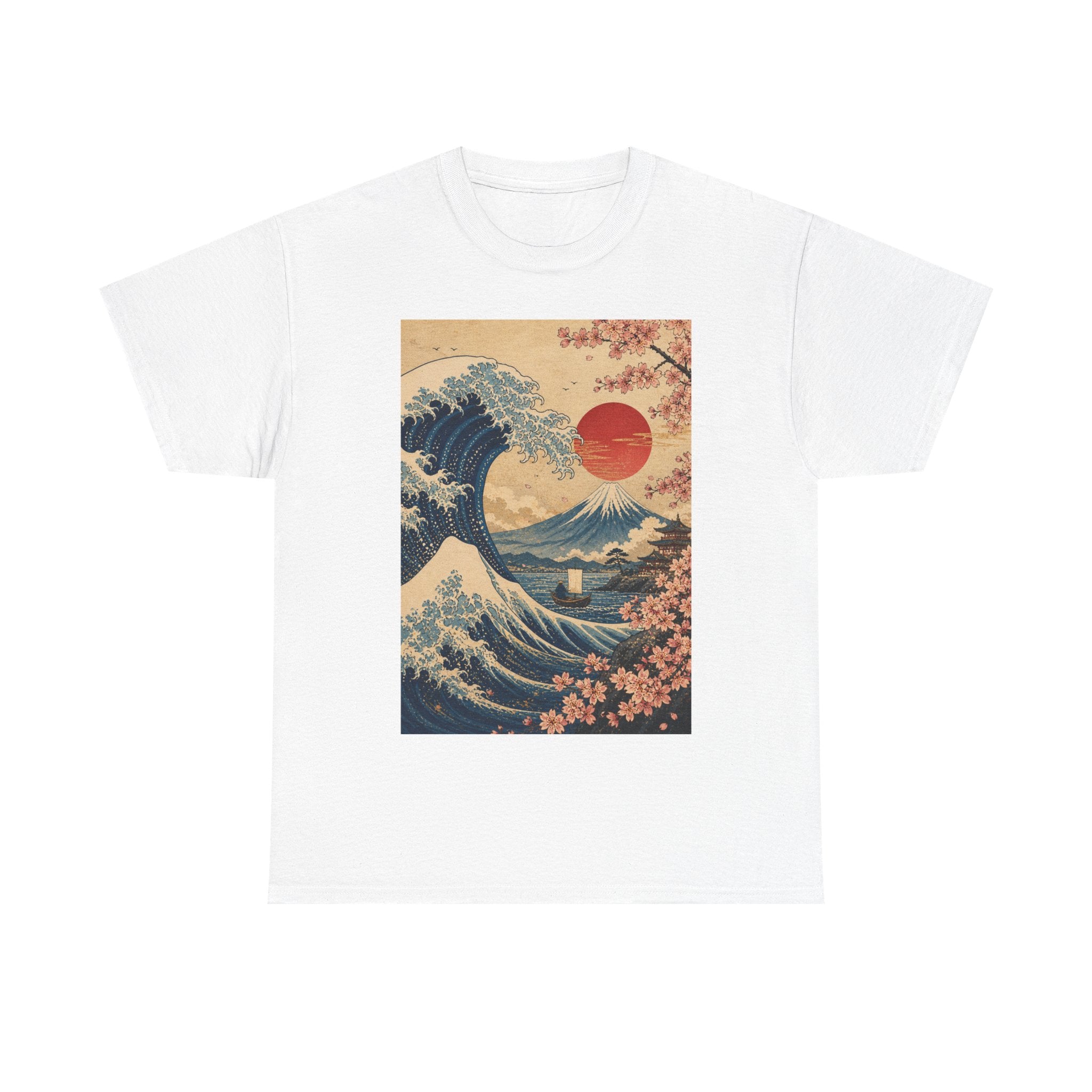 Vintage Japanese Wave Tee — Sakura Sunset Hokusai-Inspired Graphic Shirt