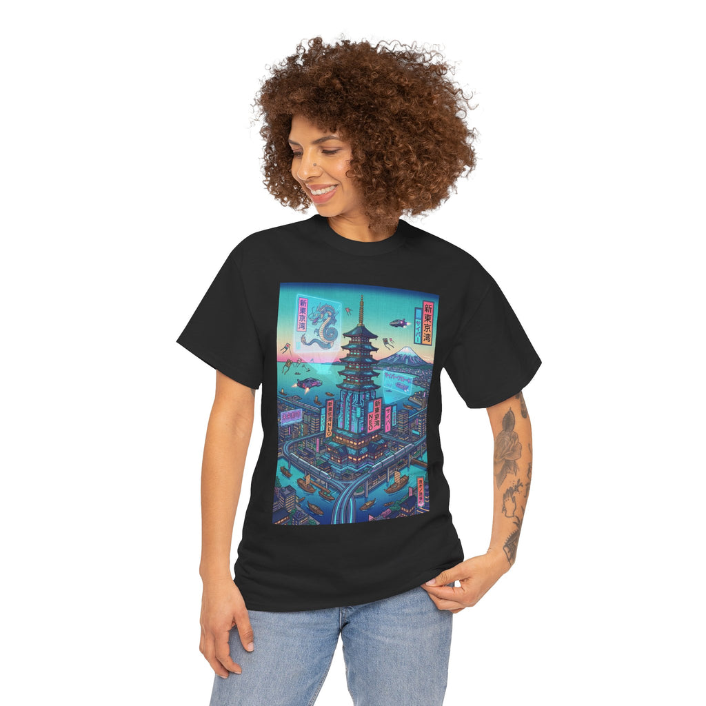 Cyberpunk Pagoda Tee — Neon Japanese Cityscape T-Shirt - Japanese Streetwear T-Shirt | Tokyo Style X